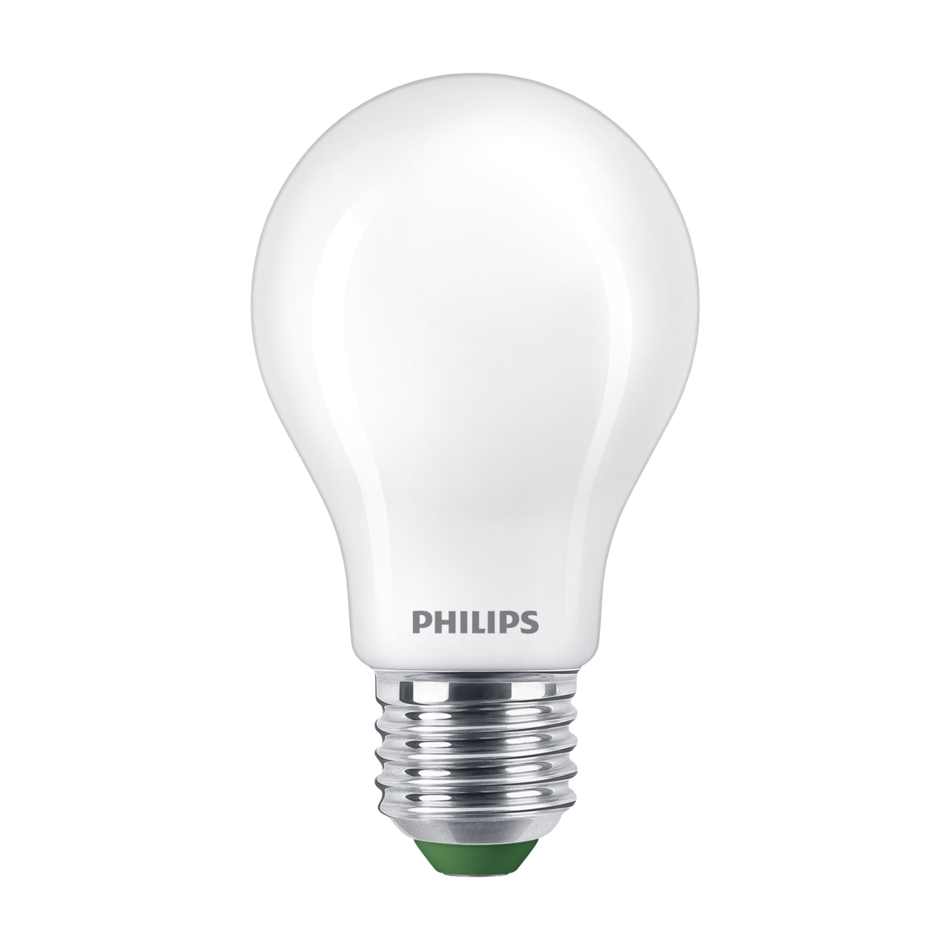 En Philips Normal LED-lampa med vit kropp, metallisk skruvbas och en distinkt grön spets.