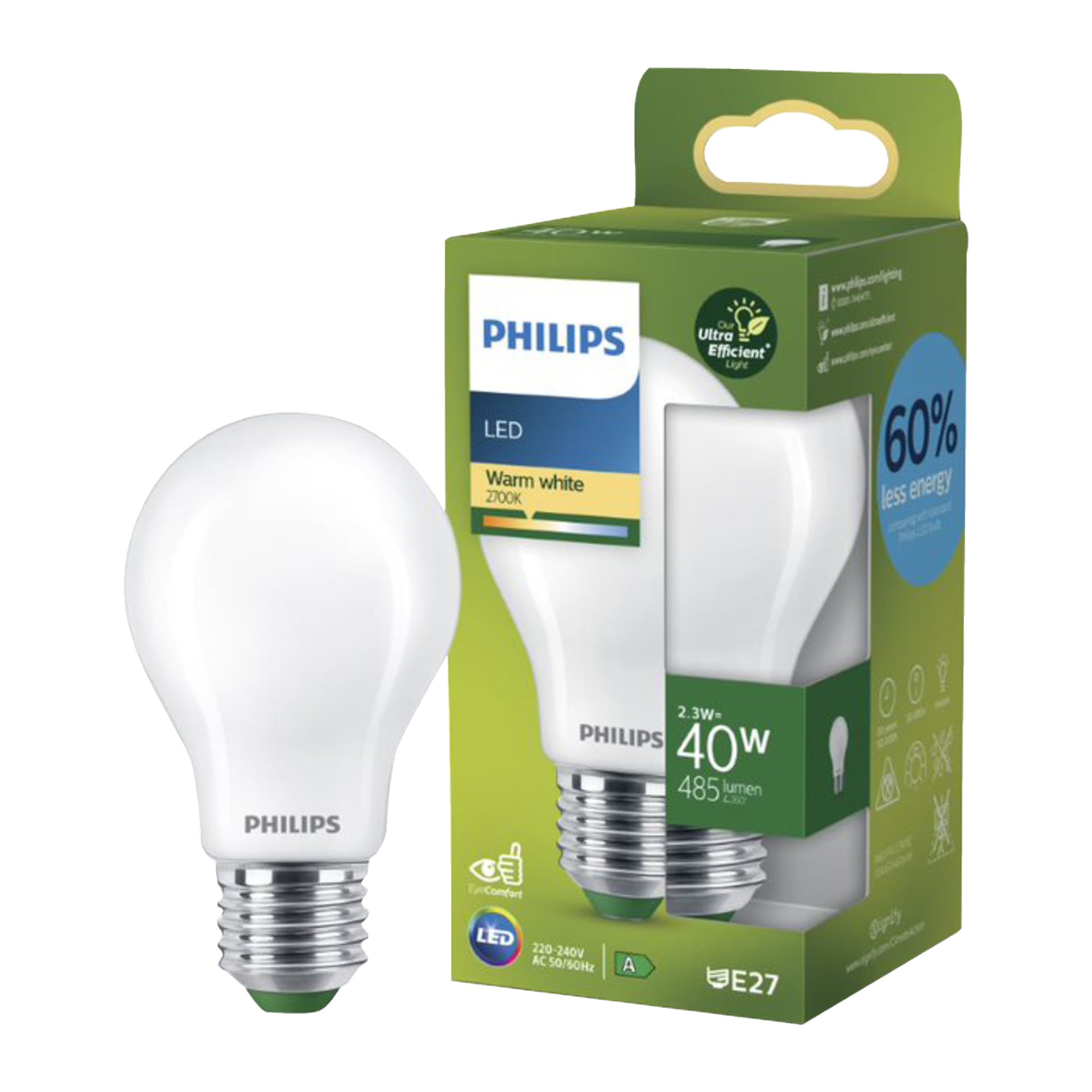 En Philips Normal LED-lampa visas bredvid dess gröna och vita förpackning, som har detaljer som 60 % energibesparing, motsvarande 40 watt, 485 lumens ljusstyrka, varm vit färgtemperatur på 2700K och en E27-skruvsockel.
