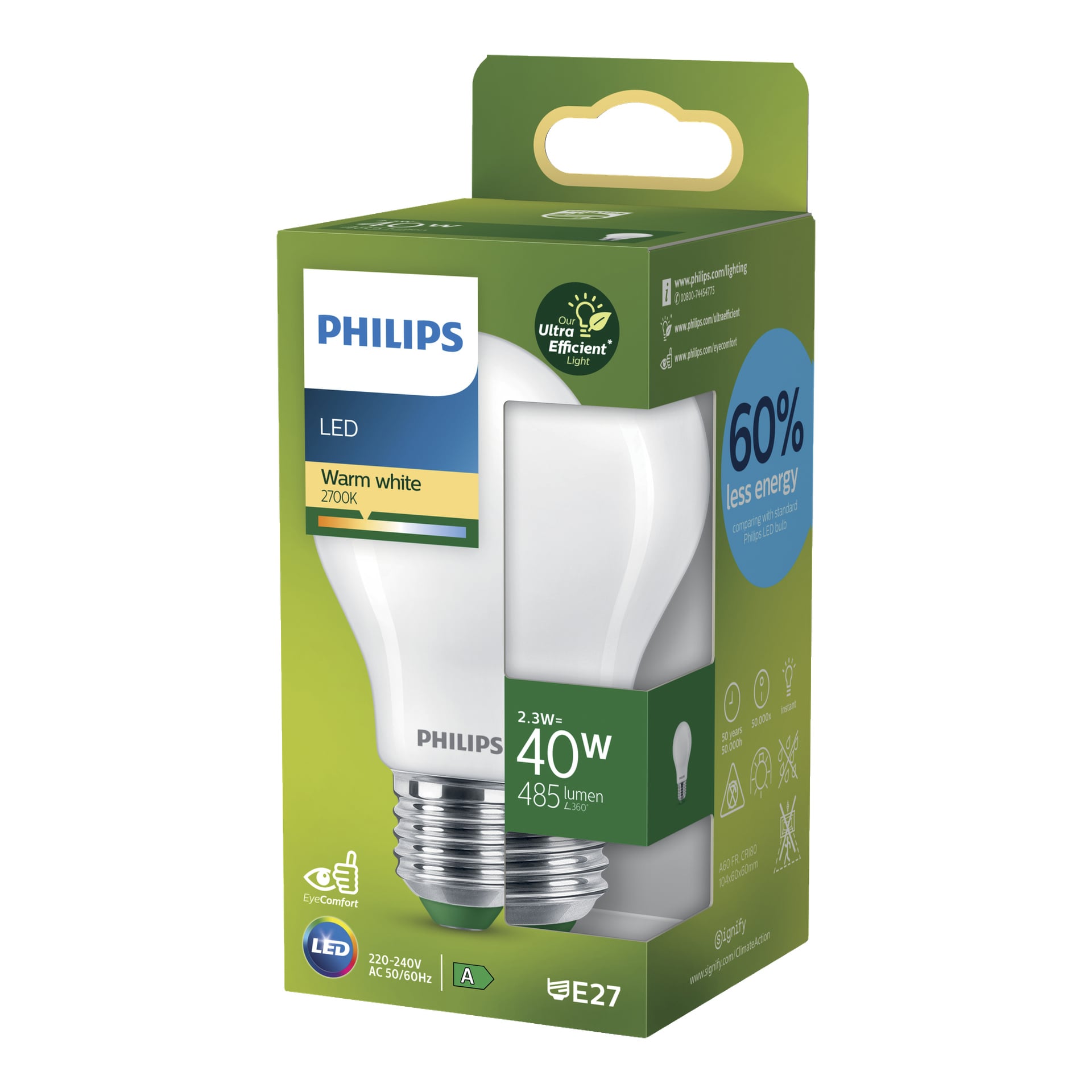 En Philips Normal LED-lampa i varmt vitt (2700K) är förpackad i en grön låda som lyfter fram dess 60 % reducerade energiförbrukning, 485 lumen ljusstyrka, motsvarande 40W effekt och E27-bas. Förpackningen visar också tydligt viktiga funktioner och relevanta certifieringar.