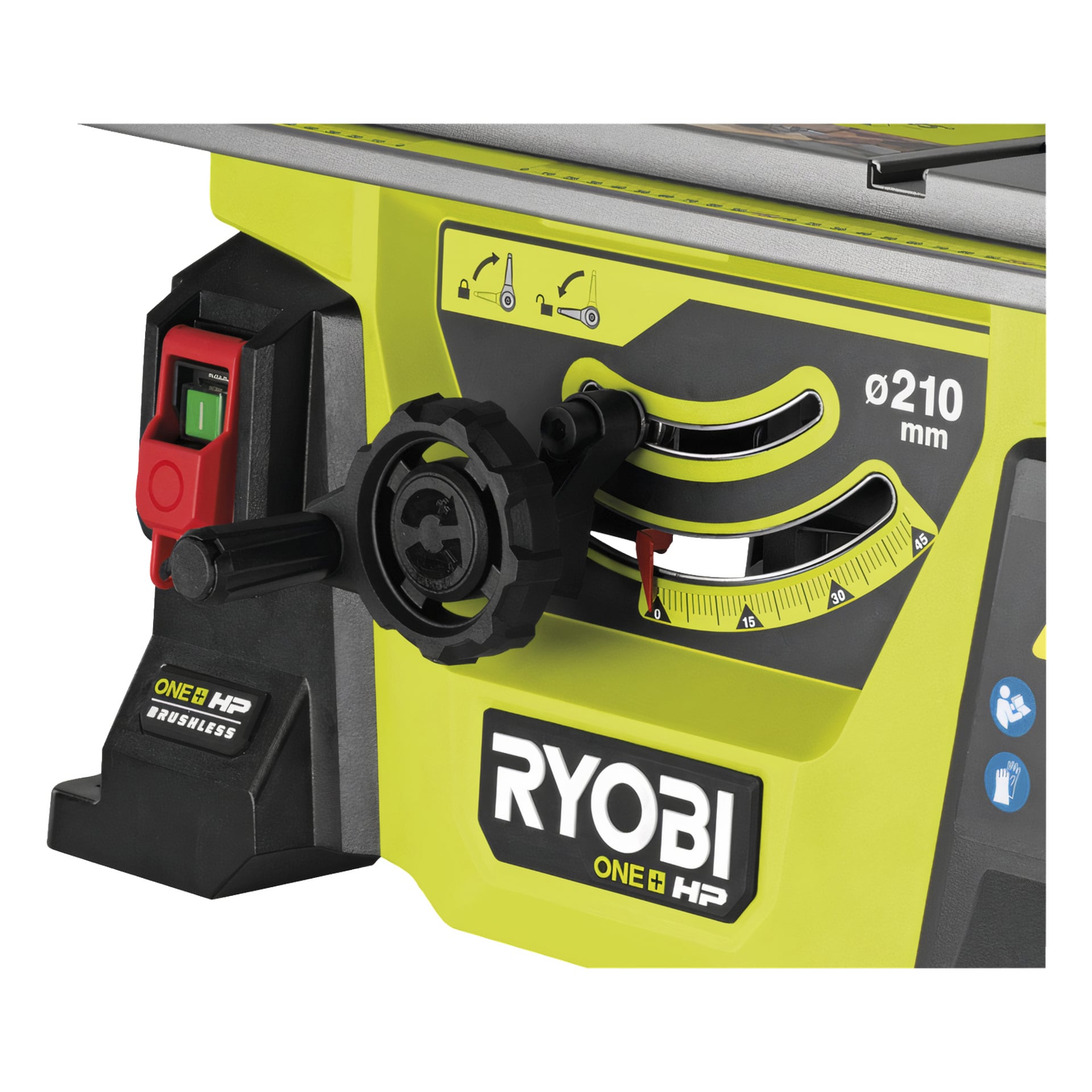Detaljerad vy av Ryobi One+ HP RTBS18X-0 batteridrivna bordsåg, med fokus på strömbrytaren, justeringsratten, vinkel- och höjdmätare samt synlig Ryobi-logotyp.