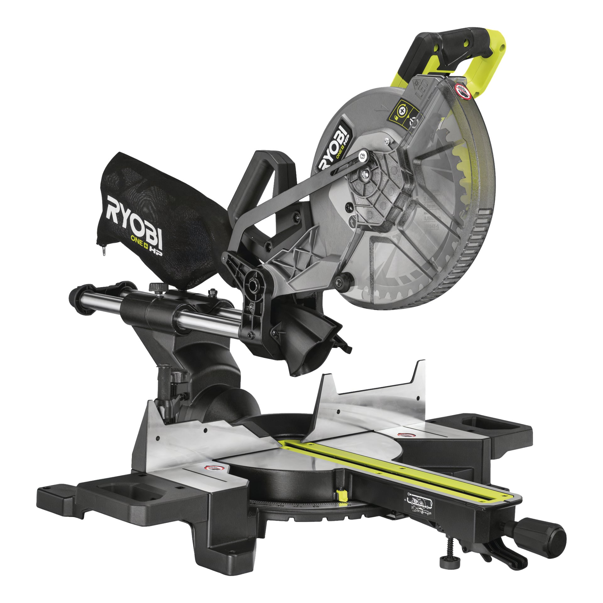 Ryobi One+ HP Mitre Saw RMS18254X-0 visas med en glidande compoundfunktion, dammuppsamlingspåse, laserguide och en metallisk silverbas. Det halvklara bladskyddet gör att cirkelsågbladet är delvis synligt, och handtaget har gula detaljer.