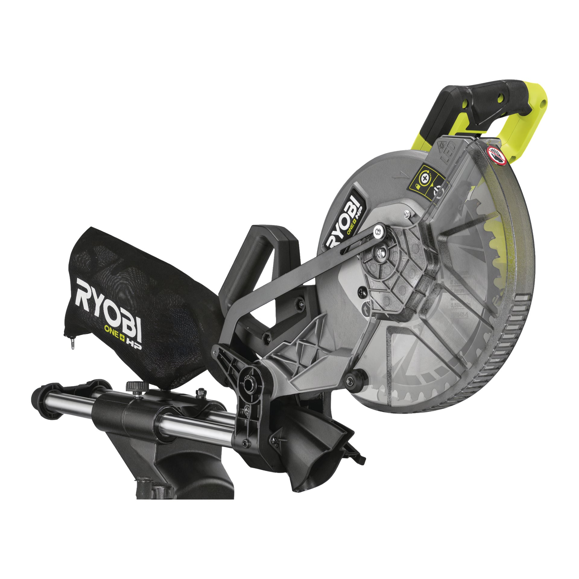 En Ryobi One+ HP Mitre-såg RMS18254X-0 visas från sidan, utrustad med en dammuppsamlingspåse, cirkulärt blad och handtag, säkert monterad på ett metallstativ.