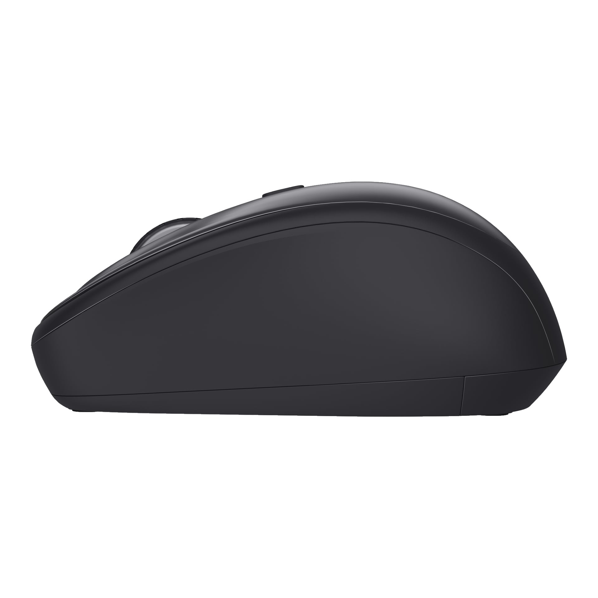 En sidovy av den svarta Trust Wireless-musen, som betonar dess släta, böjda form och två knappar ovanpå.