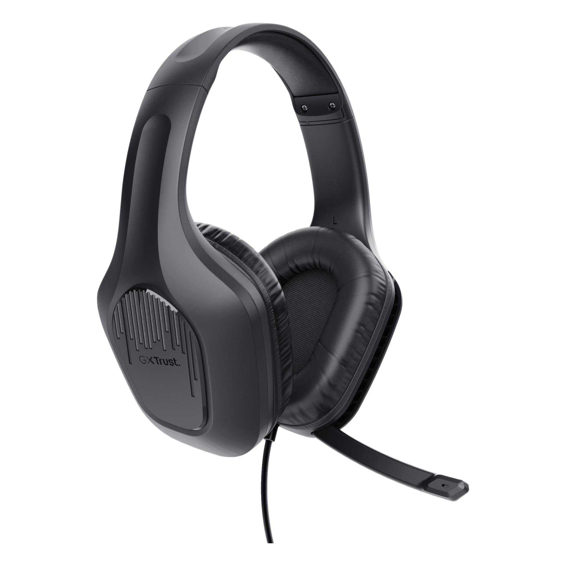 Det svarta Trust Gaming GXT 415 ZIROX over-ear headsetet har mjuka dämpade örondynor, justerbart huvudband, trådbunden anslutning och en inbyggd boommikrofon. Vänster öronkåpa visar GXT Trust-logotypen med ett accentmönster.