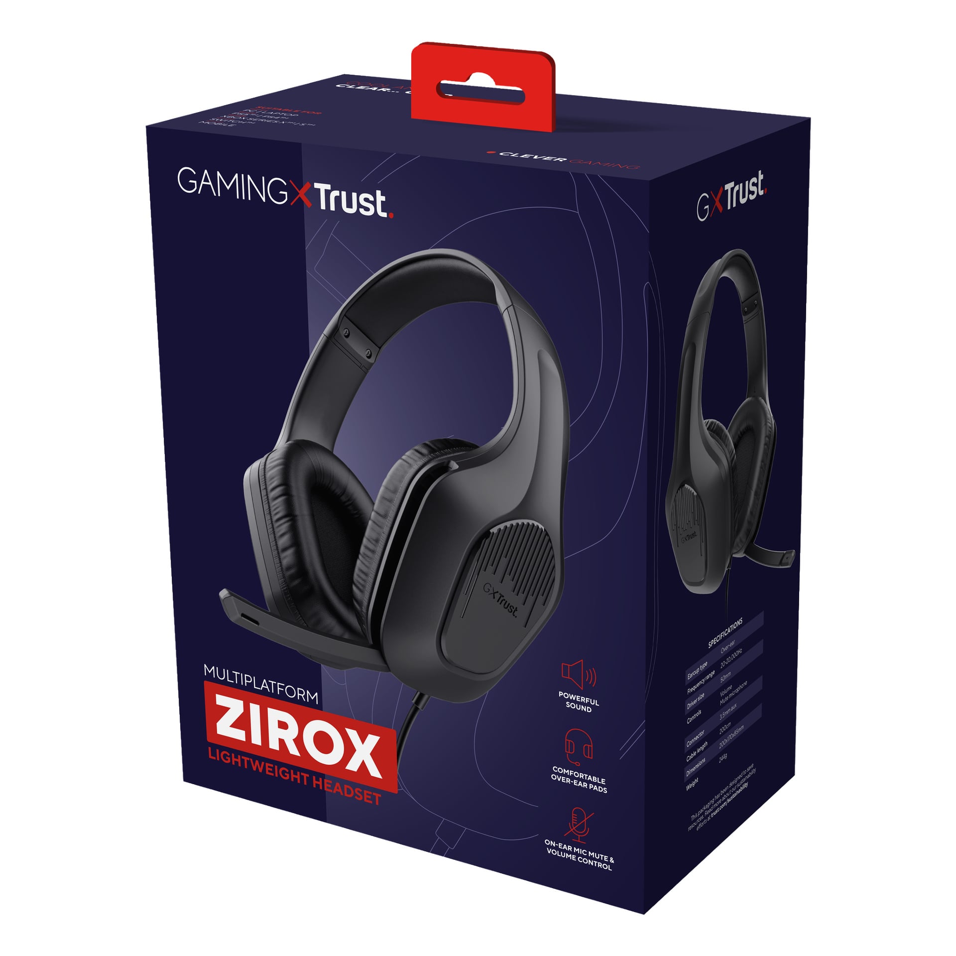 Förpackningen för Trust Gaming GXT 415 ZIROX-headsetet visar det svarta headsetet tillsammans med mikrofonen, vilket betonar de viktigaste produktfunktionerna. Boxen är märkt med Trust Gamings logotyp och röda detaljer, och nämner att headsetet är lätt och kompatibelt med olika plattformar.