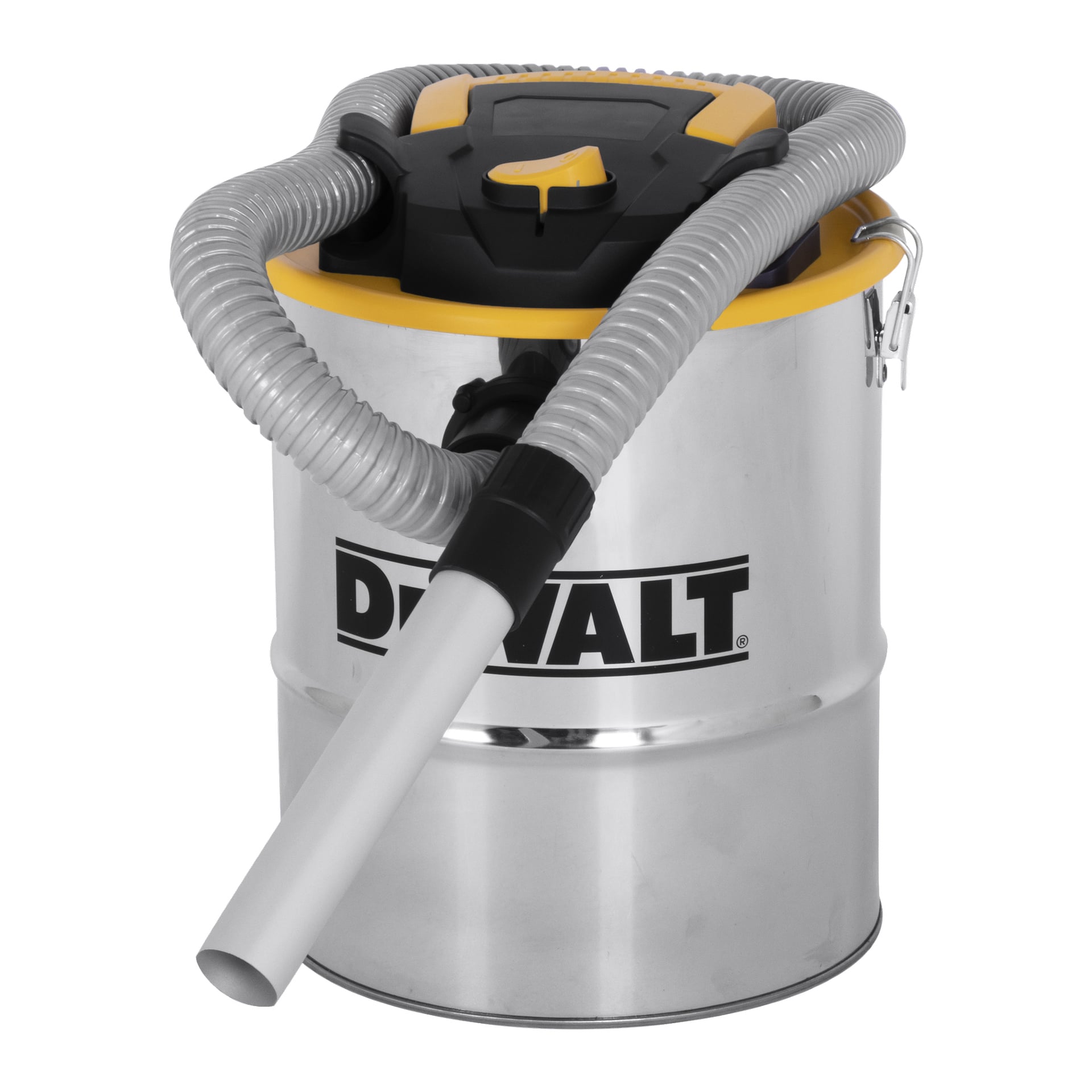 En DeWalt Ash Vacuum DXV15A utrustad med en flexibel grå slang på toppen och ett vitt förlängningsrör, som visar ett svart och gult lock med handtag och lås.