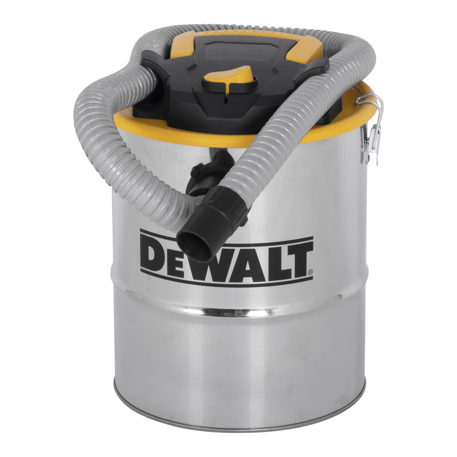 DeWalt Ash Vacuum DXV15A visas med en flexibel slang kopplad till locket och ett svart munstycke. Ovansidan av dammsugaren är gul och svart, och sidan visar DeWalt-logotypen.