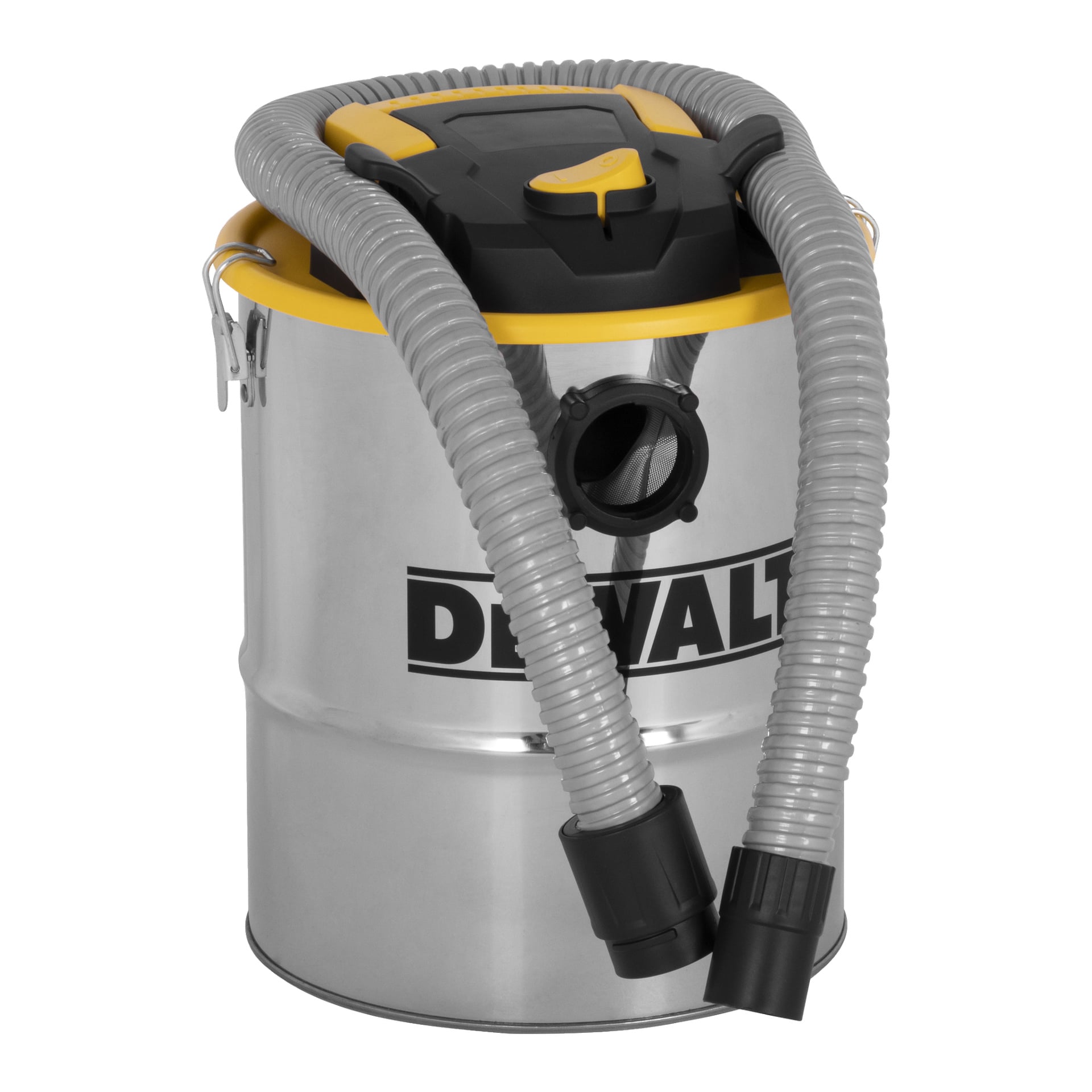 DeWalt DXV15A askvakuum är tillverkad av rostfritt stål och inkluderar en flexibel grå slang som är ansluten upptill och på sidan, med ett svart handtag och gula detaljer på locket.