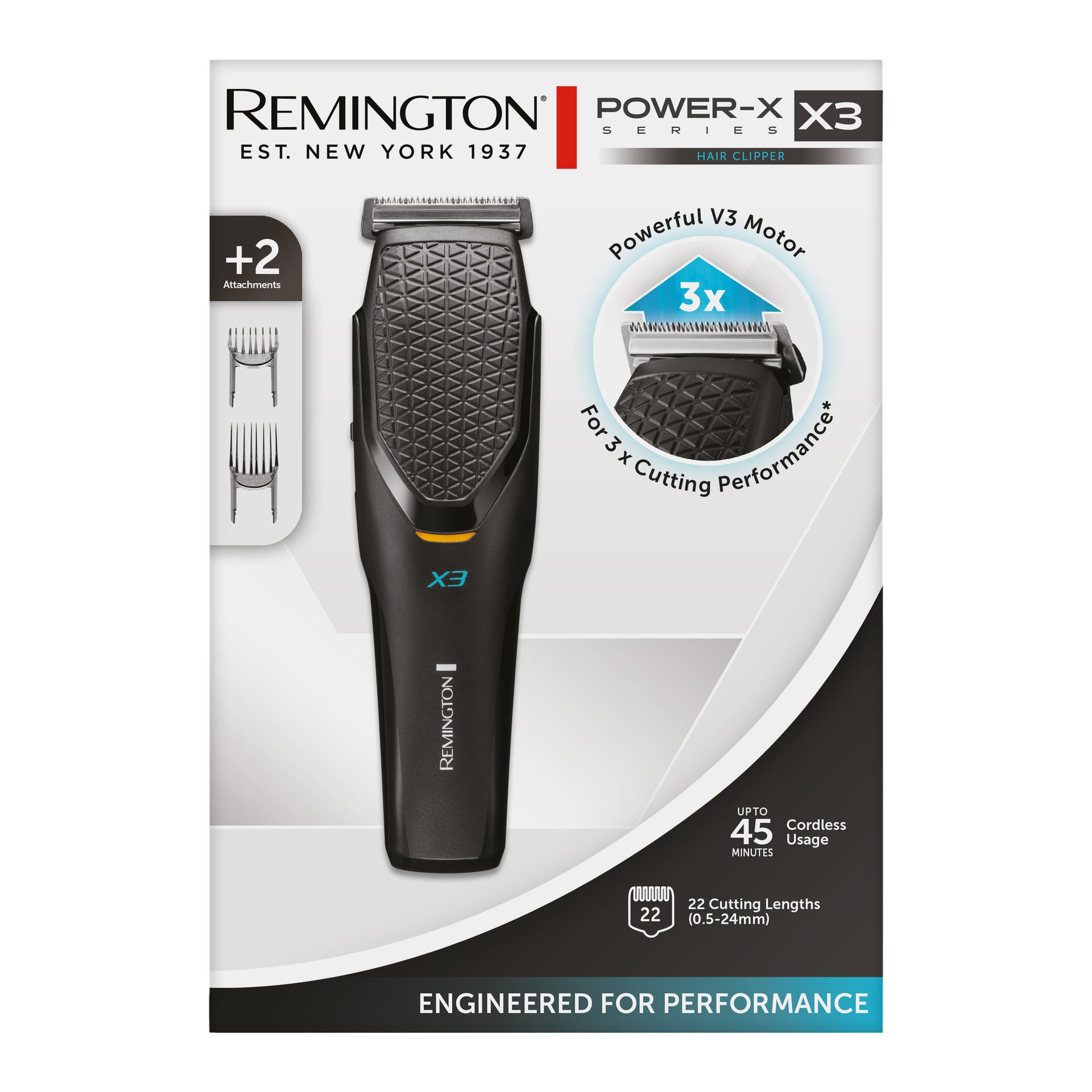 Opakowanie Remington Cordless Hair Clipper HC3000 X3 Power-X Series zawiera wizualizację maszynki, posiada odznakę "+2 attachments", podkreśla 3x szybsze cięcie, wspomina o czasie do 45 minut pracy bezprzewodowej z 22 regulowanymi długościami oraz logo "Engineered for Performance".