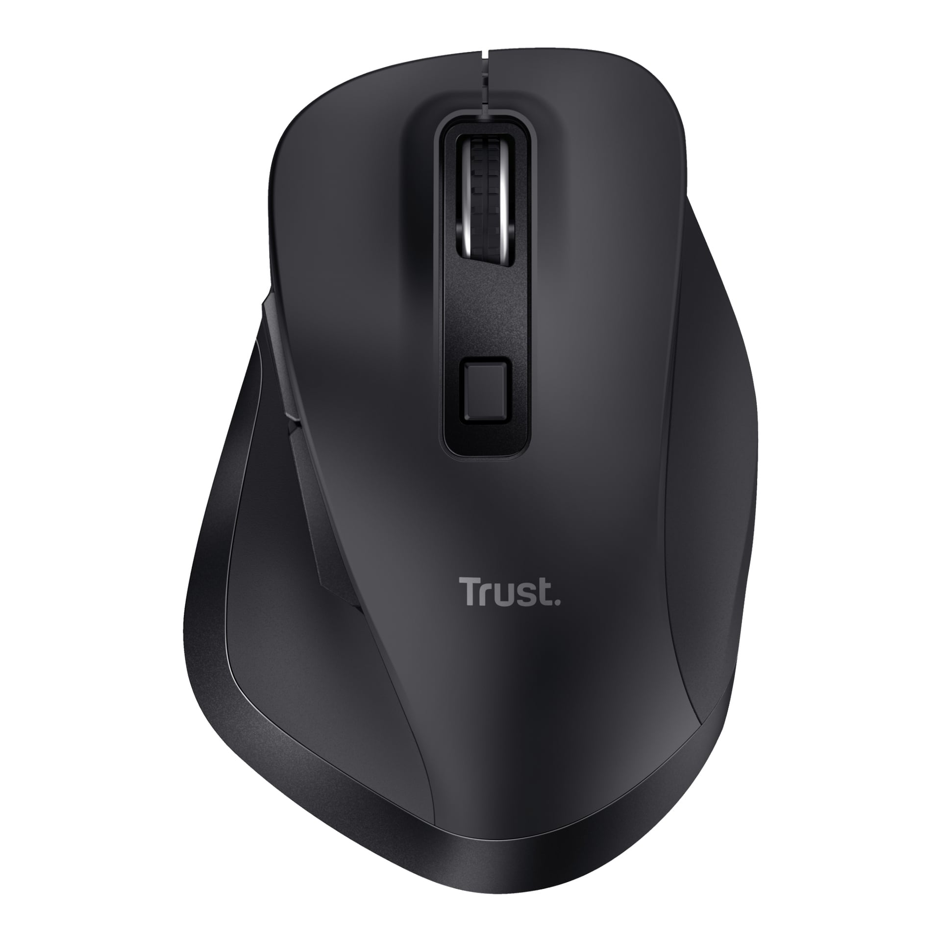 Fidda Eco trådlösa datormus från Trust är svart, ergonomisk, har ett rullhjul och en central knapp. Ovansidan av musen står ordet Trust. i tryck. Bilden visar musen ovanifrån.