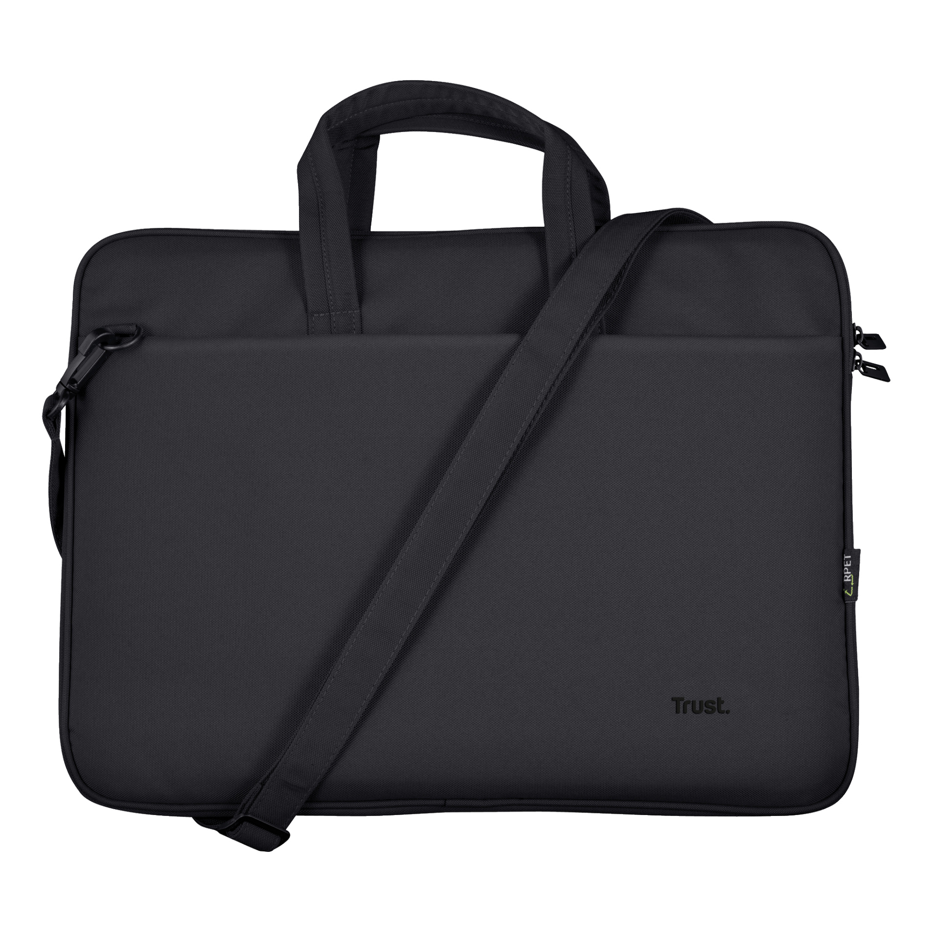 Trust Laptop-väskan Bologna är en slank svart väska med två korta handtag och justerbart axelband. Den har en liten sidolapp och ordet "Trust." tryckt i ett hörn nere i hörnet, vilket visar en minimalistisk och praktisk design.