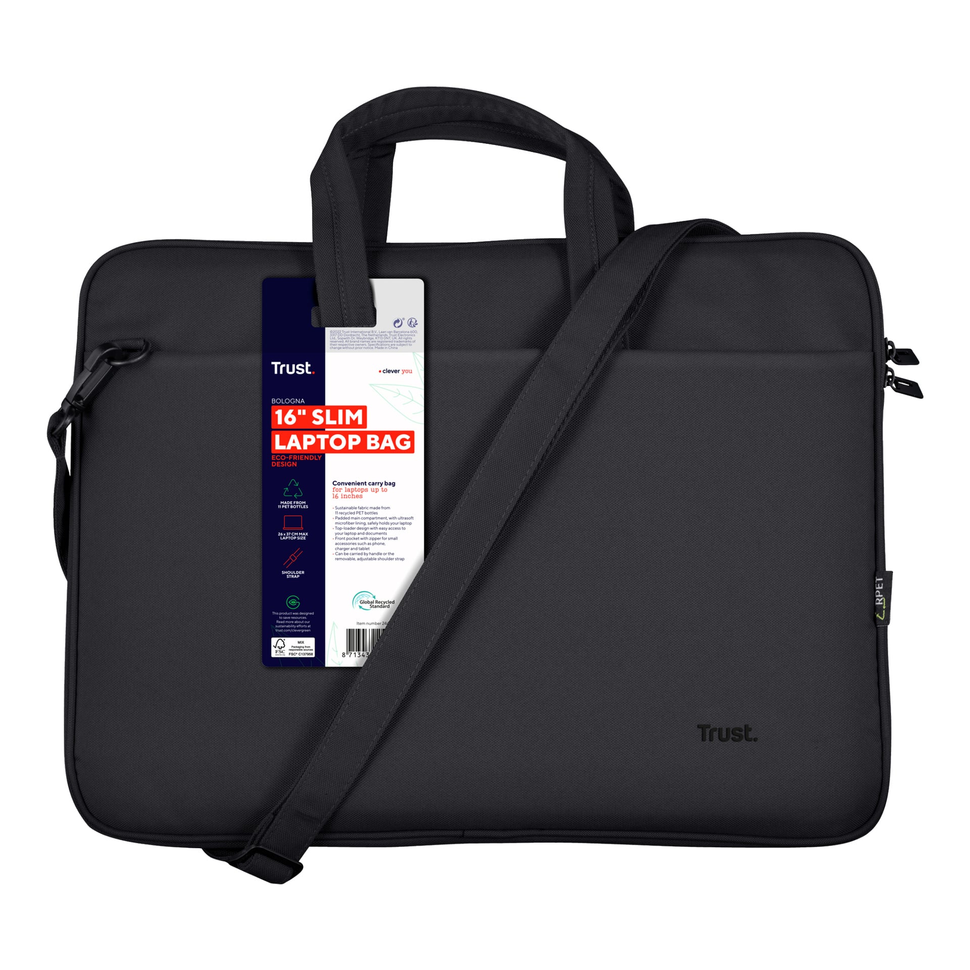 En elegant svart Trust Bologna laptopväska med båda handtag och axelrem, med en etikett som säger att den är lämplig för laptops upp till 16 tum.