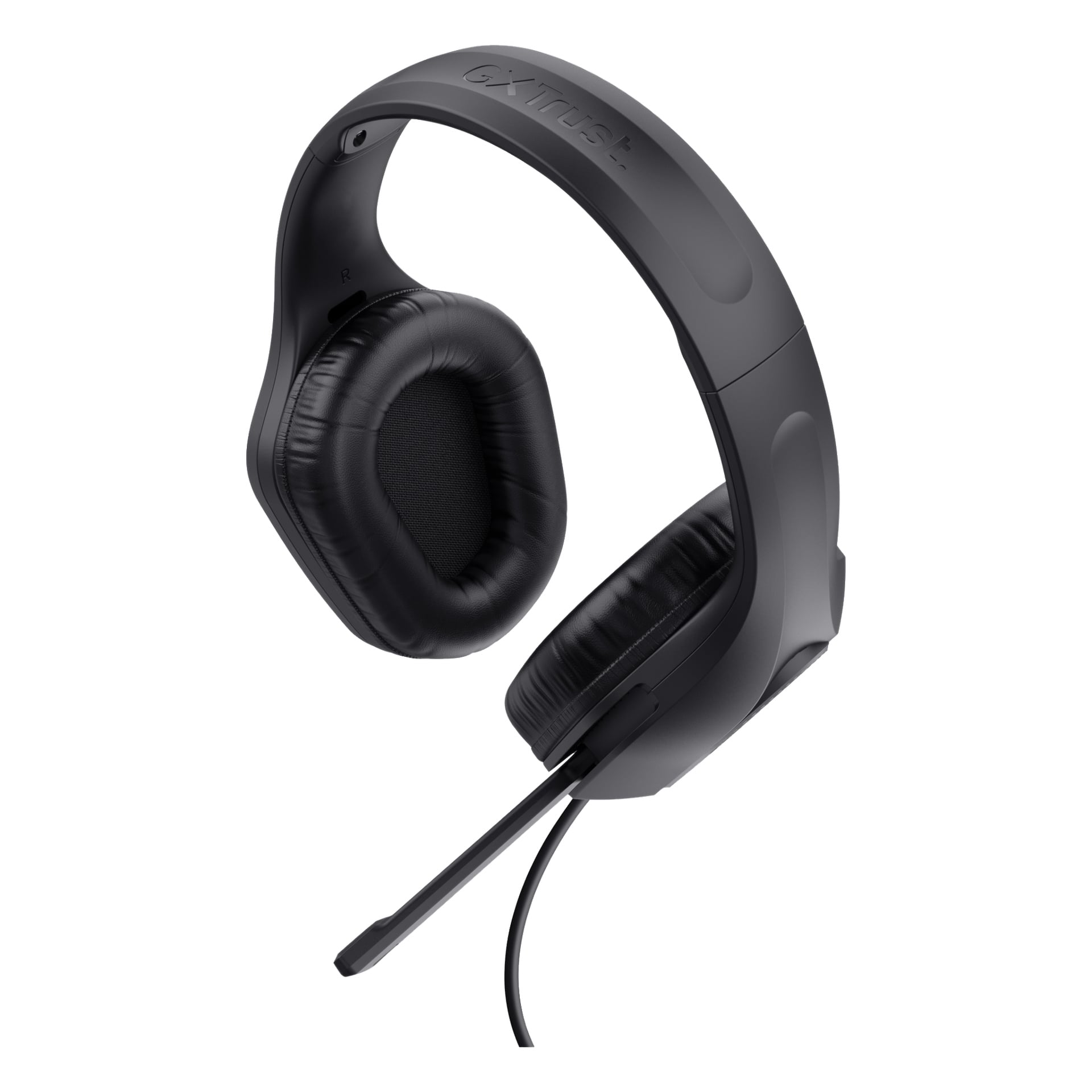 Ett svart GXT 415 ZIROX gamingheadset från Trust Gaming, designat med vadderade öronkuddar, ett justerbart pannband med Trust Gaming-loggan och en inbyggd mikrofon fäst på vänster öronsnäcka.