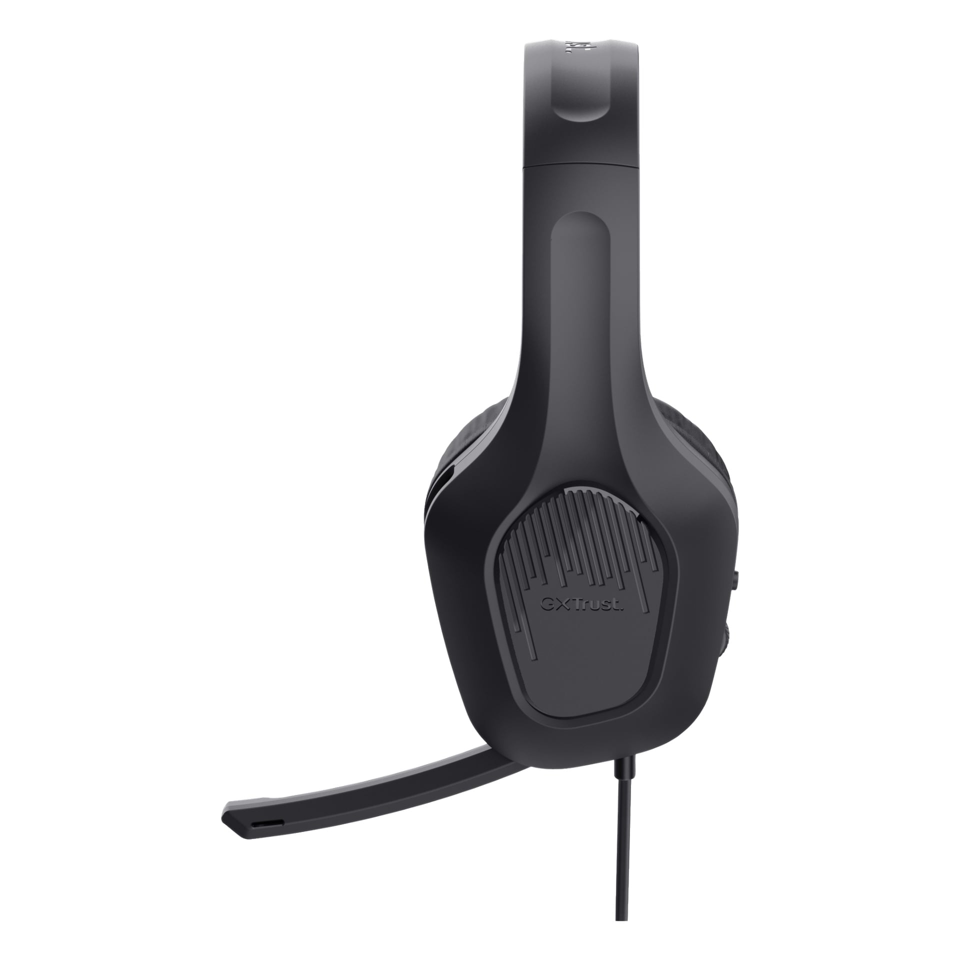 Ett svart Trust Gaming GXT 415 ZIROX over-ear headset med inbyggd justerbar mikrofon, trådbunden anslutning och GXTrust-logotypen visad på öronkåpan.