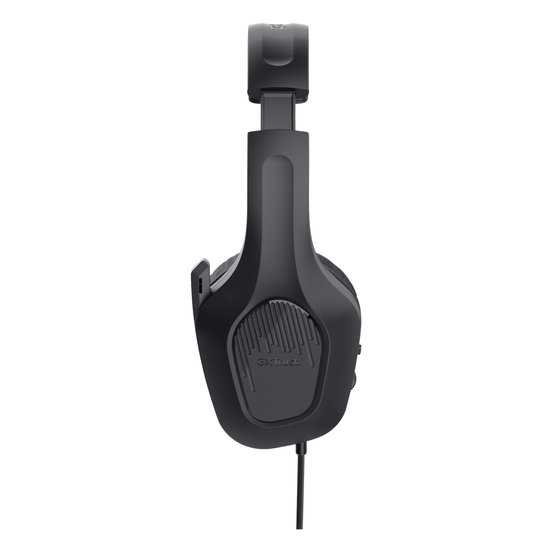 En profilbild av Trust Gaming GXT 415 ZIROX trådbundna over-ear-headset, som visar dess anslutna mikrofon, en texturerad öronkåpa med Trust-emblemet och ett kraftigt dämpat pannband.