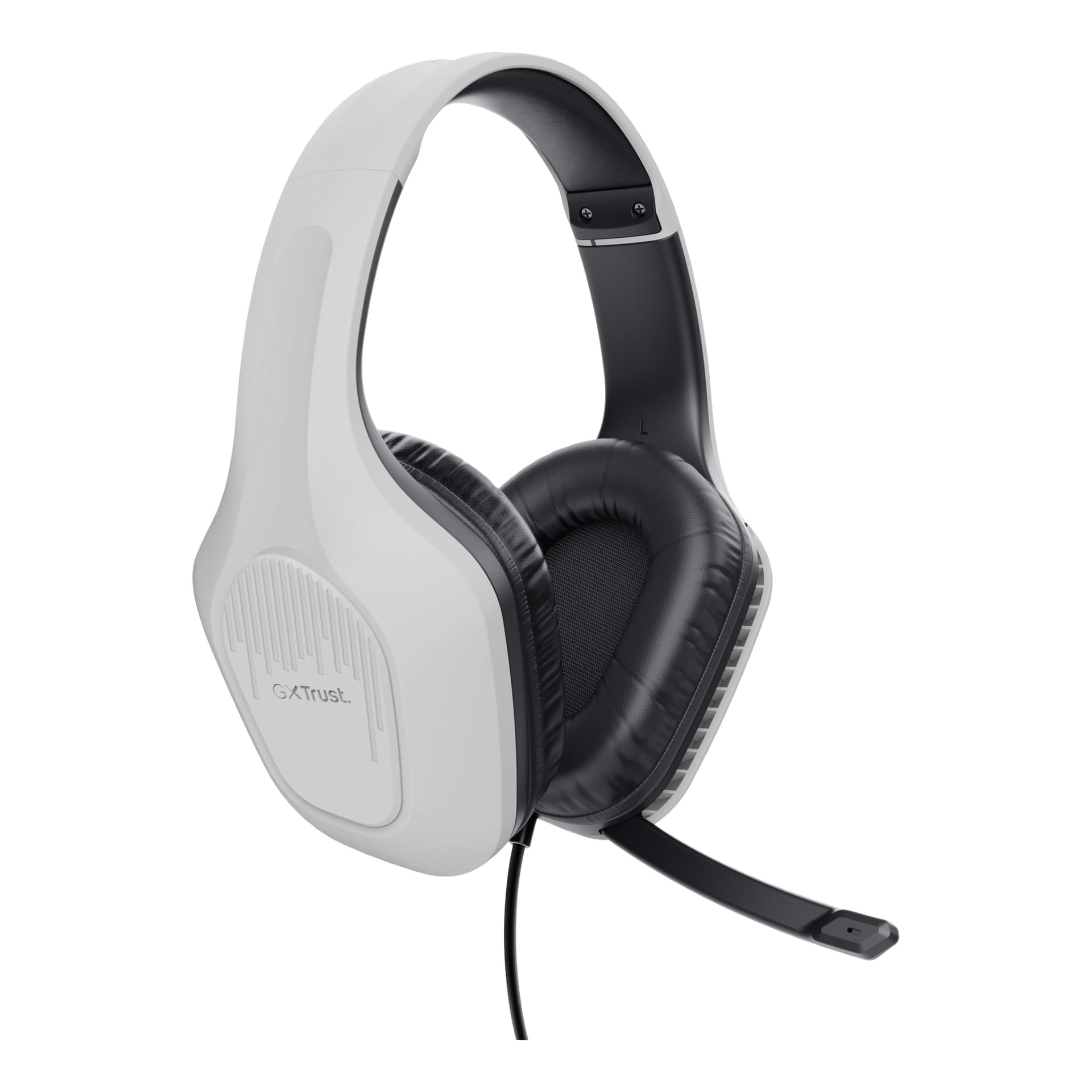 Trust Gaming GXT 415PS ZIROX är ett vitt och svart over-ear gamingheadset med vadderade öronkåpor, justerbart huvudband, inbyggd mikrofonbom och trådbunden anslutning. Vänster öronkåpa visar Trust Gamings logotyp.