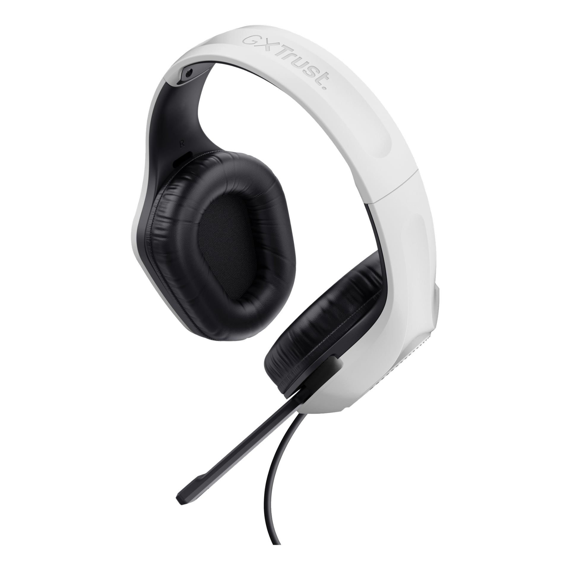 Ett vitt Trust Gaming GXT 415PS ZIROX over-ear headset med svarta vadderade öronkuddar och en justerbar mikrofon monterad. "Förtroende" visas på toppen av pannbandet.