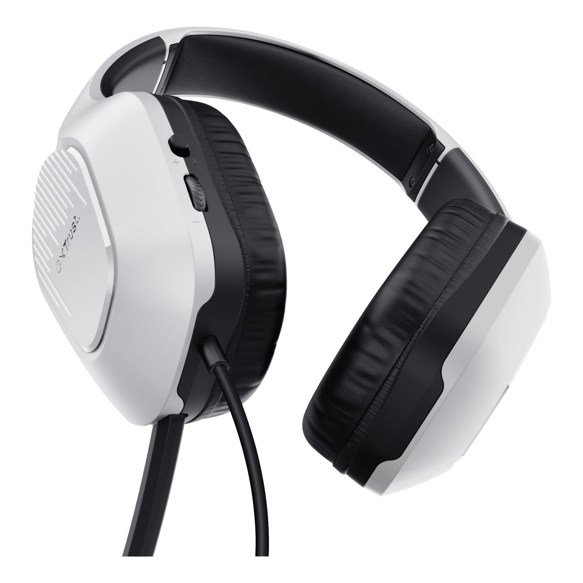 Trust Gaming GXT 415PS ZIROX-headsetet har en vit och svart over-ear-stil med ett dämpat pannband, en ansluten kabel och volymknappar placerade på vänster öronkåpa.