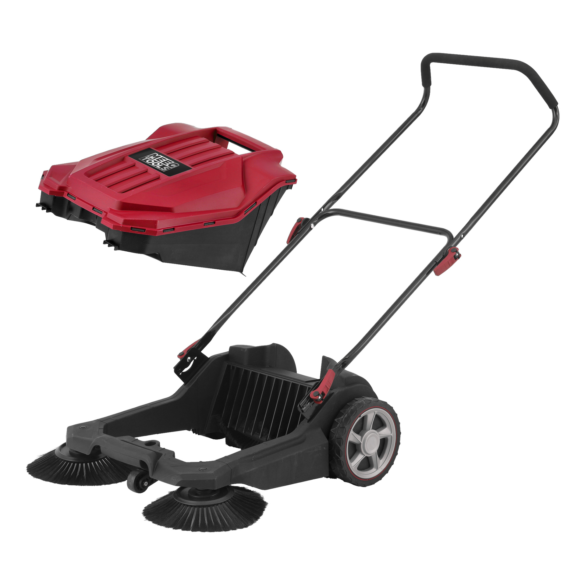 Meec Tools Sweeper inkluderar ett par framborstar, ett styre, stora hjul bak och en avtagbar röd-svart-insamlingslåda placerad ovanför huvudsopenheten.