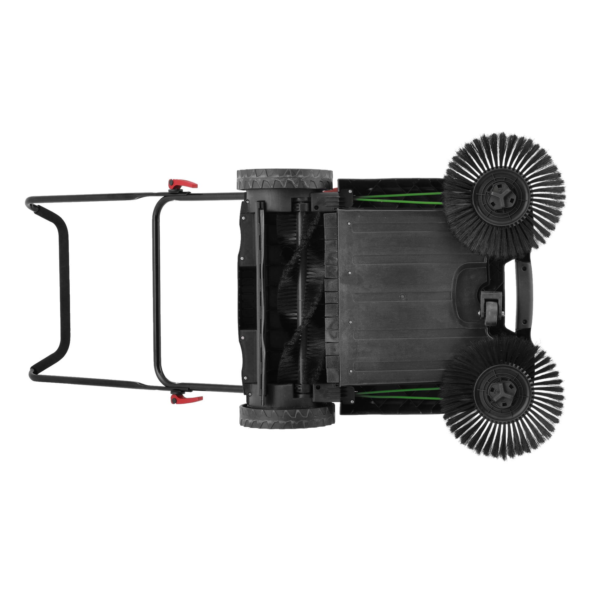 Ett top-down-perspektiv visar Meec Tools Sweeper, en manuell push-sweeper med två framträdande roterande framborstar, två hjul, en svart plastram och ett styre med röda spakar. Fokus ligger på undersidan och hur enheten rengör.
