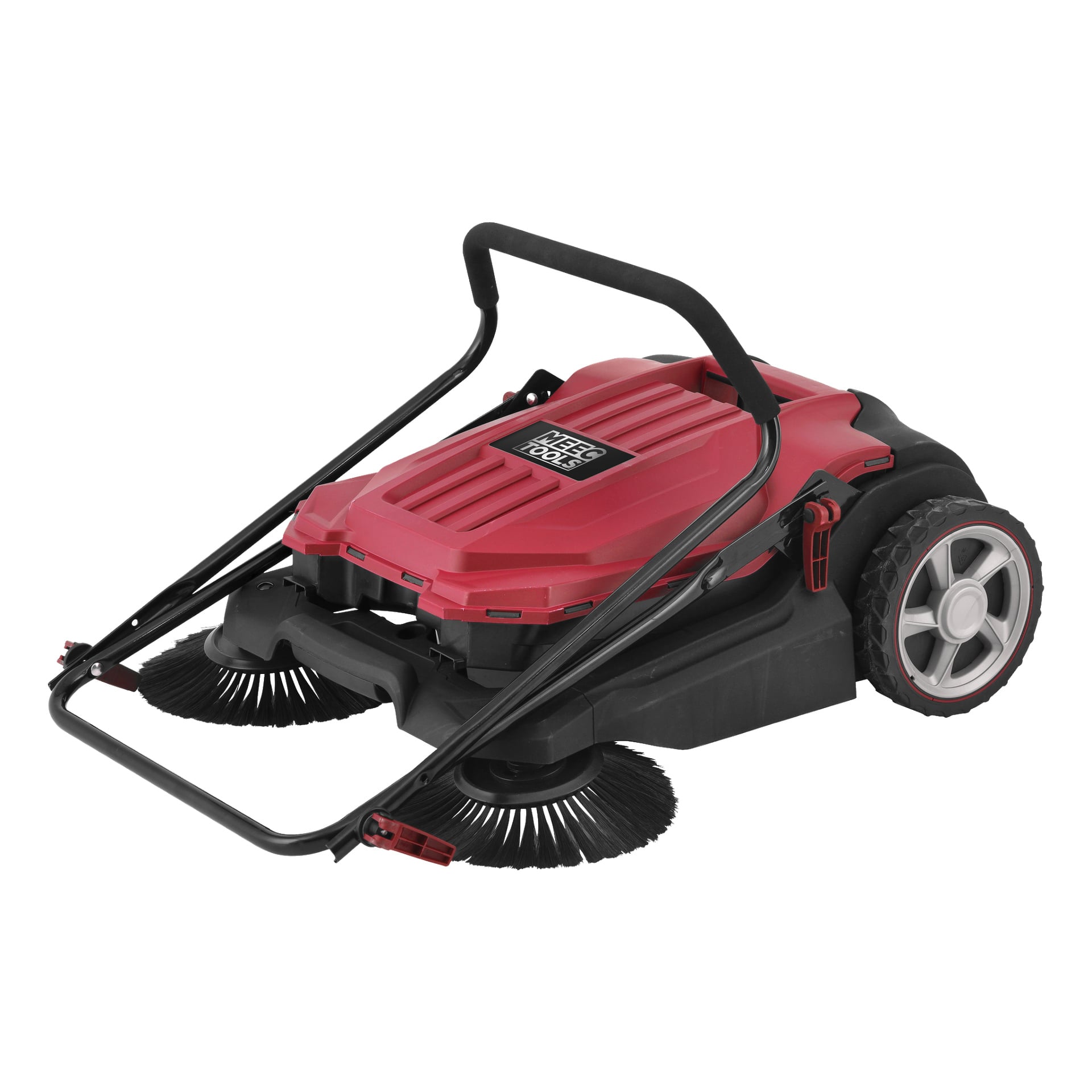 En röd utomhus push-sweeper från Meec Tools, utrustad med två stora sidoborstar, svarta hjul och ett svart styre. Varumärket "Meec Tools" finns på toppen.