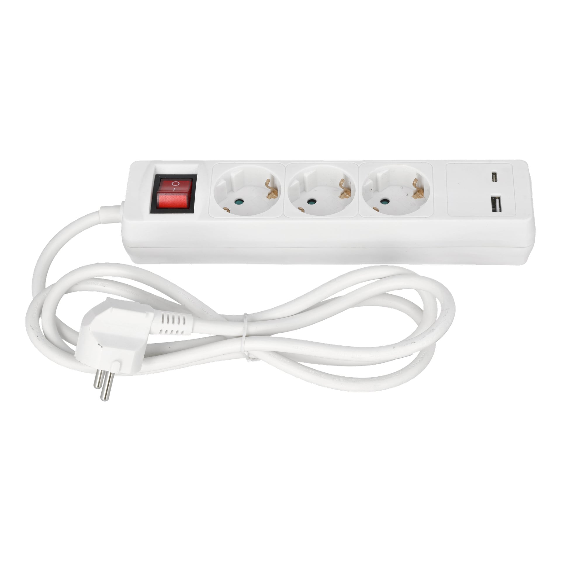 Anslut strømstripen har en hvit kropp med tre kontakter, en rød av/på-bryter, to USB-porter og en sammenrullet strømkabel utstyrt med en europeisk plugg holdt med en vribånd.
