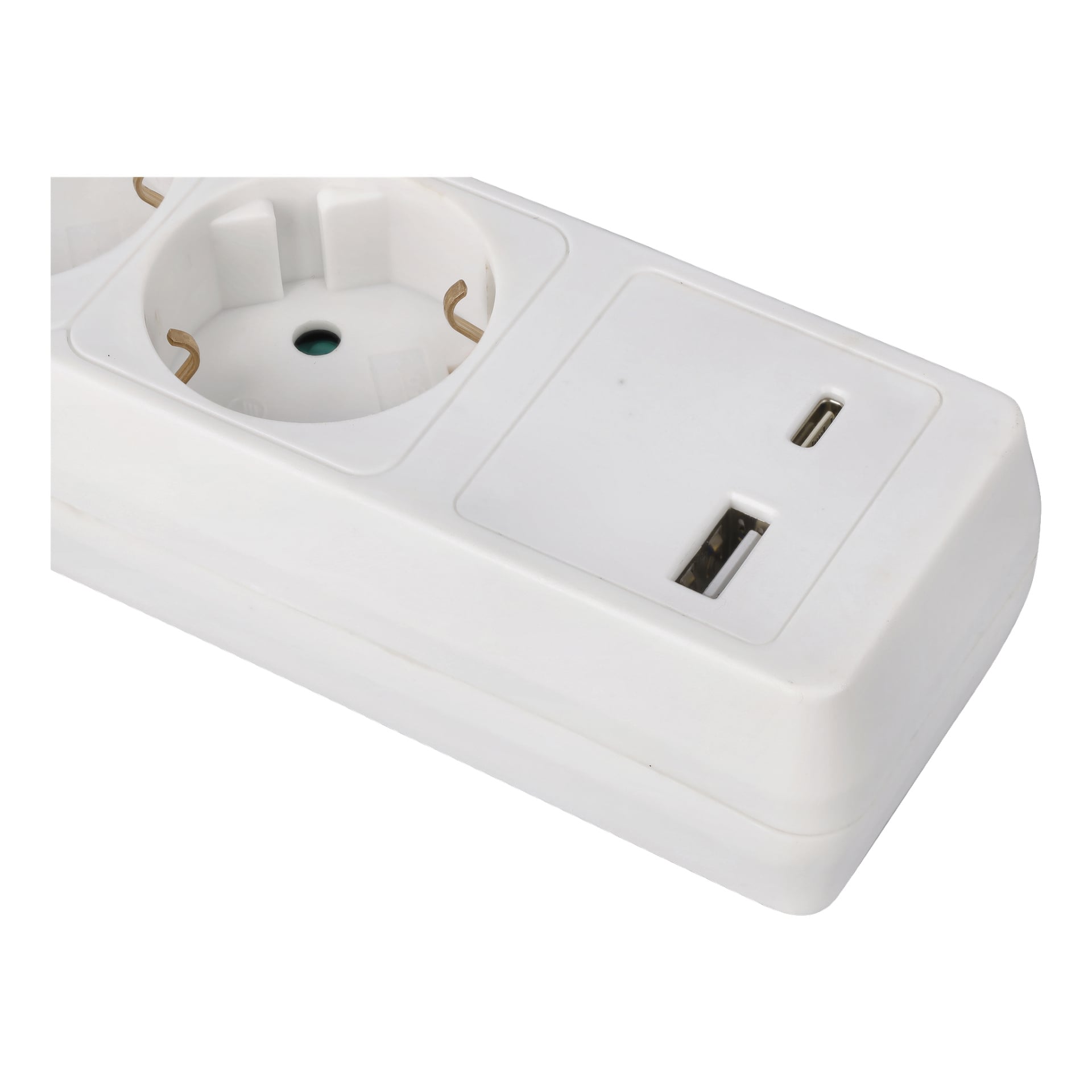 Hvit Anslut strømstripe med to europeiske stikkontakter, en USB-C-port og en USB-A-port vist fra siden for å vise stikkontakter og porter.