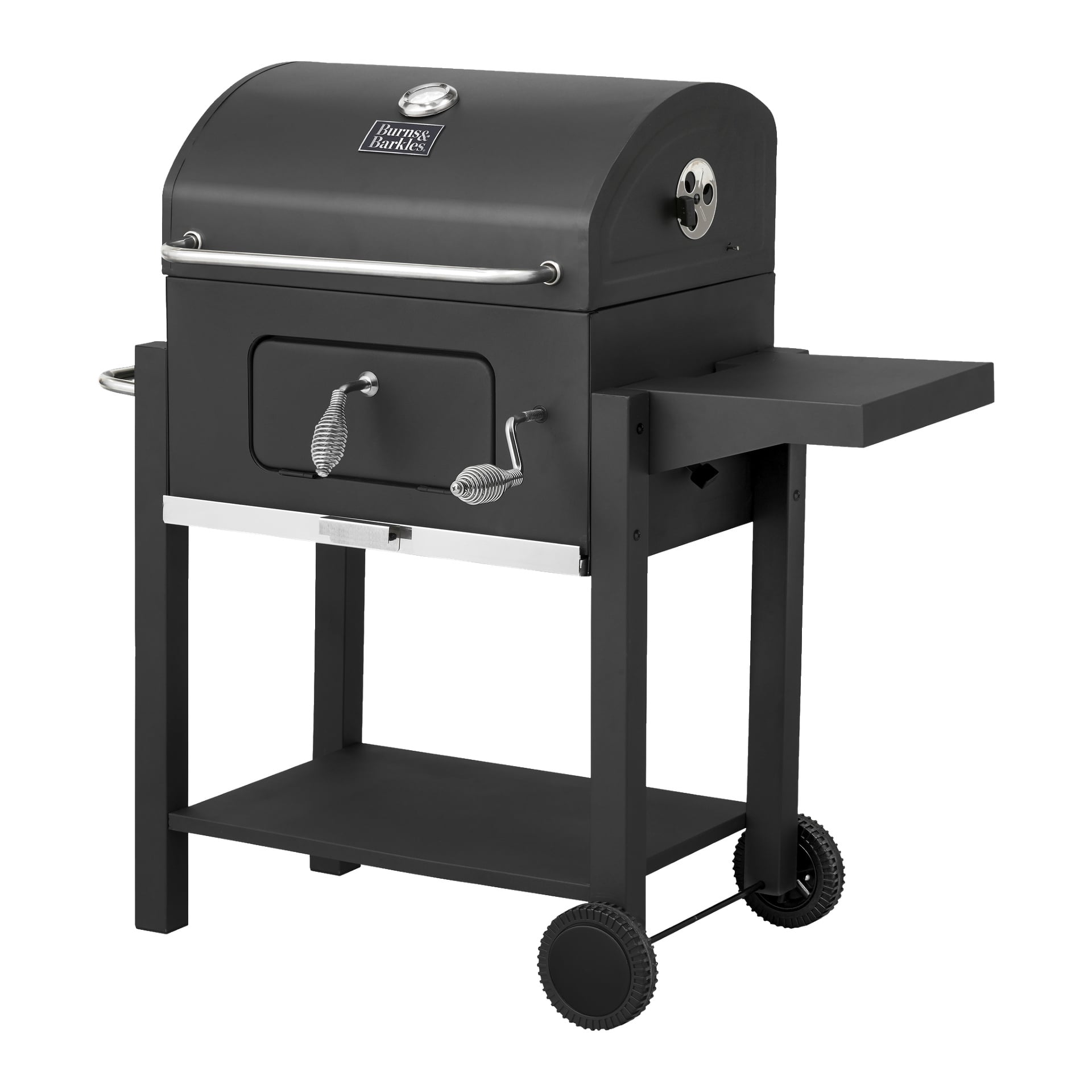 Burns & Barkles Charcoal Grill Coal King 5641 har en modern svart metalldesign med lock, inbyggd temperaturmätare, sidohylla, förvaringsutrymme i botten och två hjul för portabilitet.
