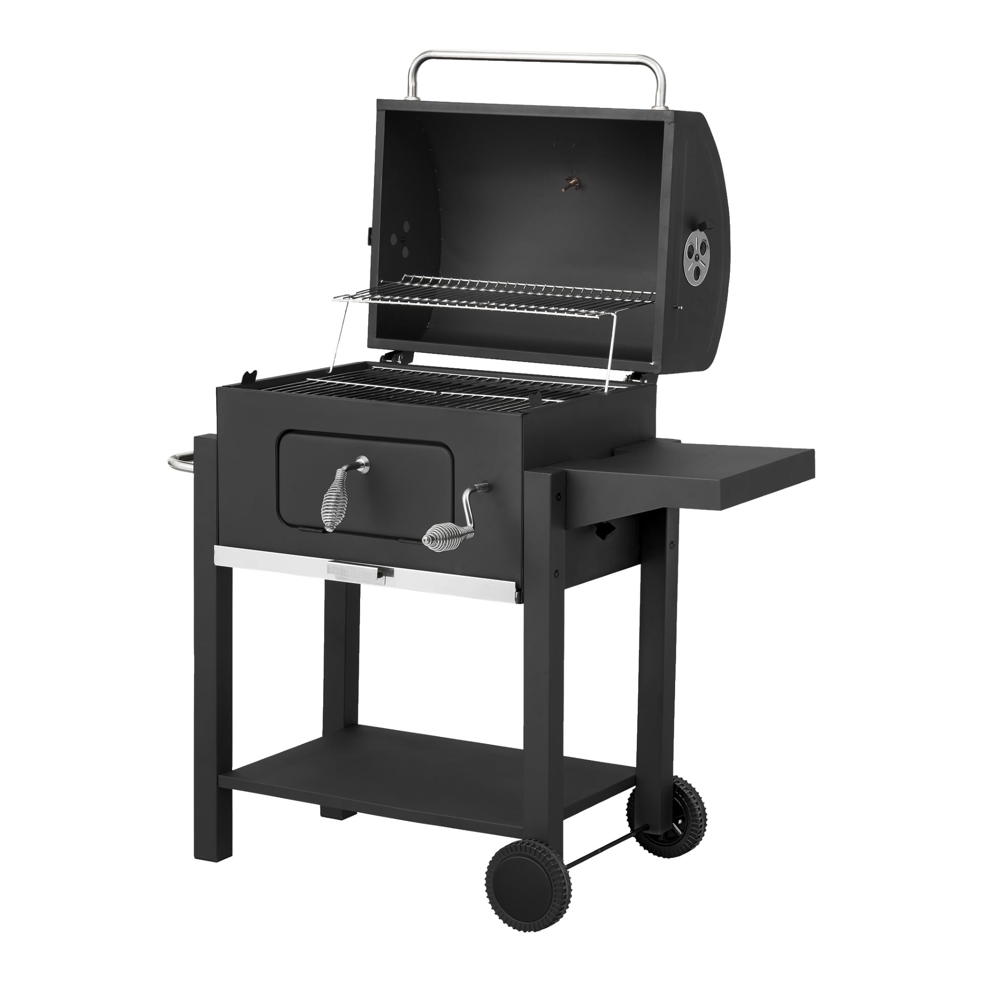 Burns & Barkles Charcoal Grill Coal King 5641 visas med locket öppet, två kokgaller, en sidohylla, två hjul för rörlighet och en nedre förvaringshylla.