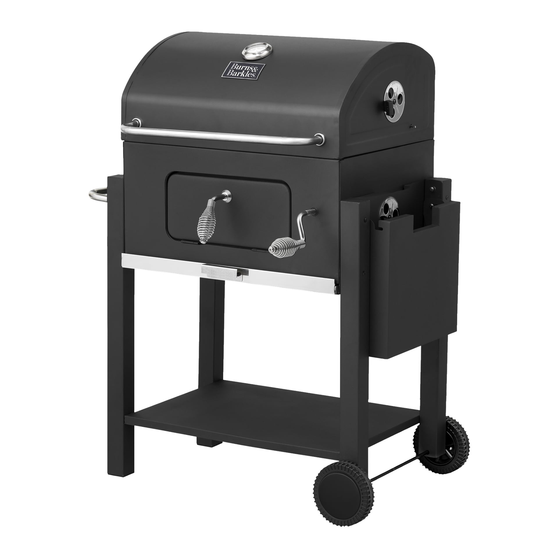 Burns & Barkles Charcoal Grill Coal King 5641 visar upp en polerad svart finish med rundat lock, praktiskt sidohandtag och frontdörr. Den har två justerbara ventiler, ett lägre ställ för förvaring, två hjul för portabilitet och en sidoverktygshållare.
