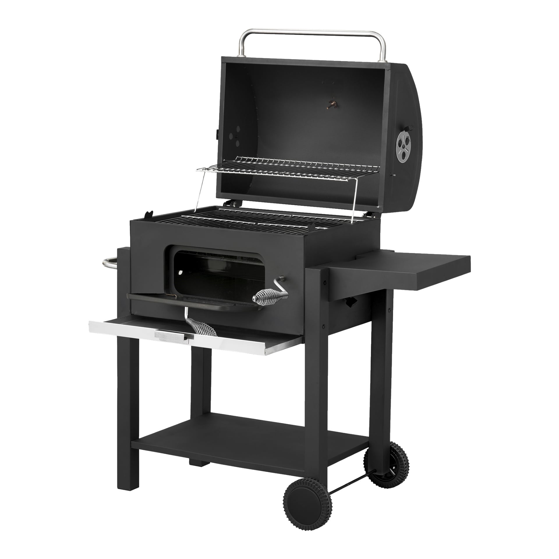 Burns & Barkles Charcoal Grill Coal King 5641 är en rektangulär svart kolgrill med öppet lock, metallhandtag, en sidohylla för bekvämlighet, ett förvaringsställ under och två hjul för enkel rörelse. Den erbjuder en huvudgrillyta samt en inre värmeställning.