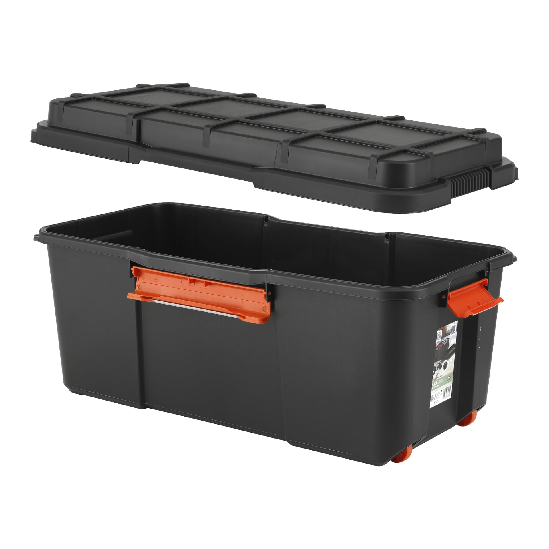 Hard Head Storage-boksen er en romslig svart plastbeholder med oransje håndtak og et separat matchende lokk.