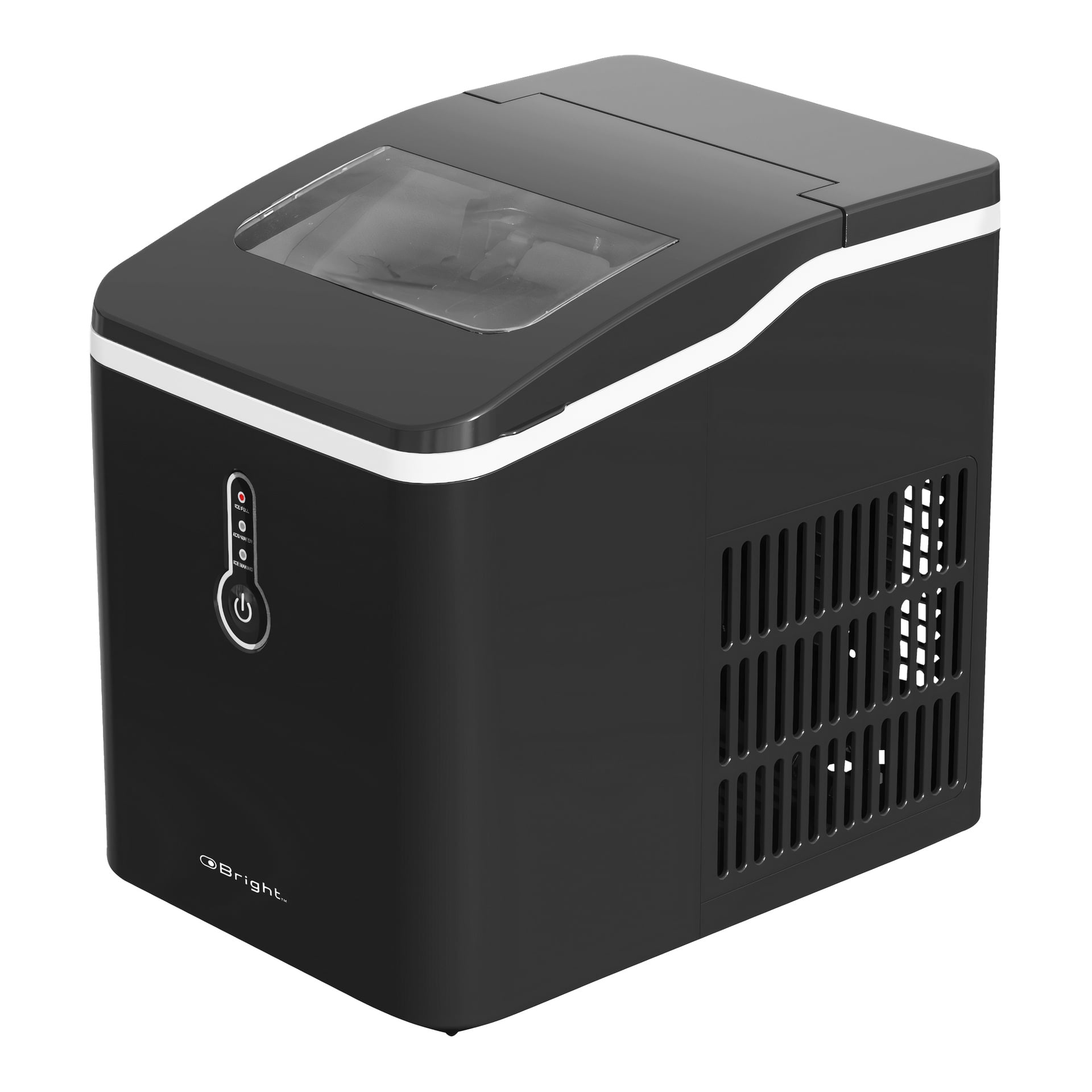En svart Bright Ice Maker med transparent toppfönster, frontpanelens kontrollknapp och indikatorlampor samt sidoventiler.