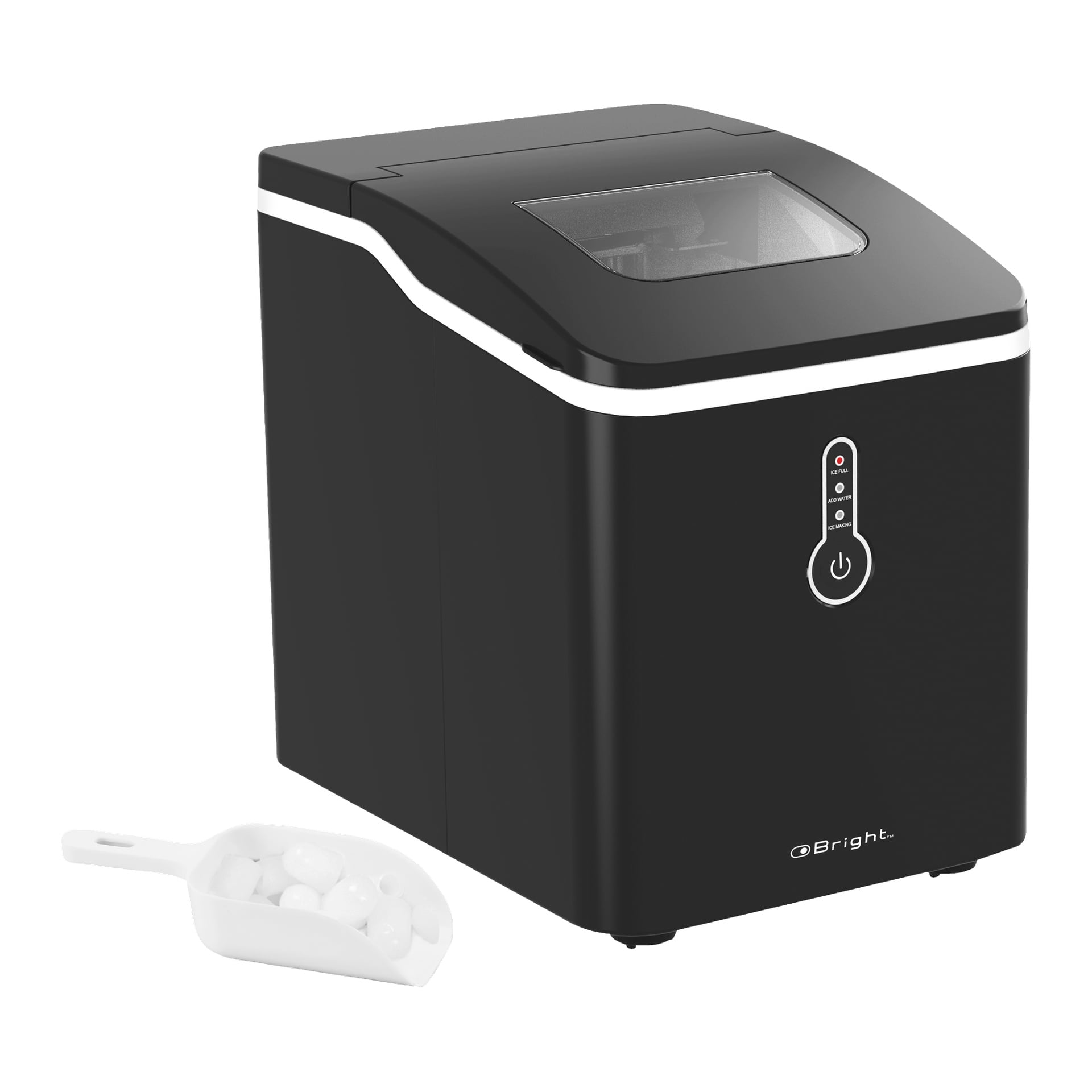 En svart Bright Ice Maker med ett transparent fönster upptill, en frontknapp och indikatorlampor, visad bredvid en vit skopa full av isbitar.