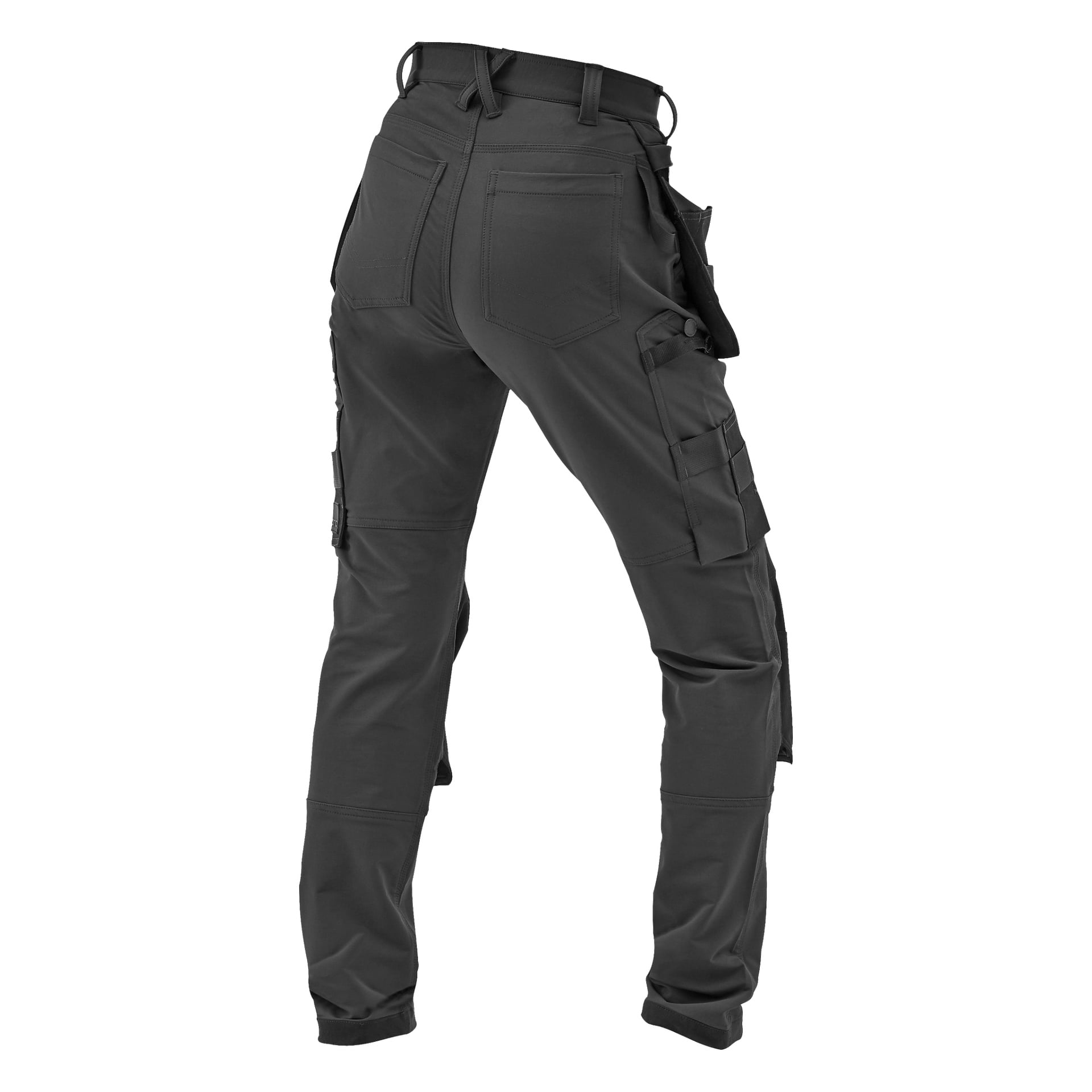 En person som ses bakifrån bär Stella från Bluewear Pro Workwears arbetsbyxor för kvinnor. Fotot, beskuret mellan midjan och vristerna, fokuserar på byxornas många fickor och verktygsremmar.