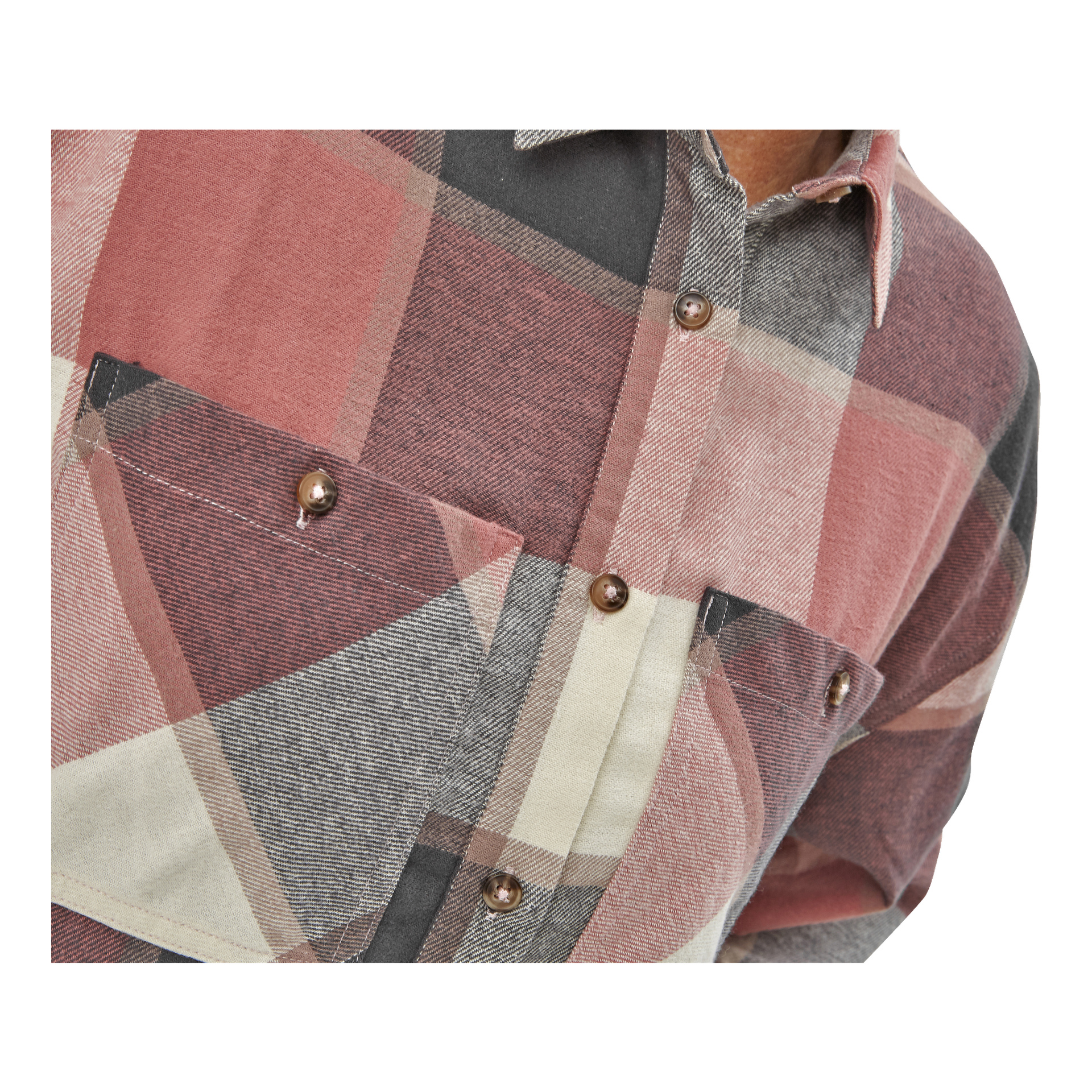Vera by Bluewears flanellskjorta för kvinnor i rött, grått och krämrutigt färgat bärs av en person med blicken från hals till bål. Skjortan har en spetsig krage, svarta och silverfärgade knappar samt två bröstfickor.