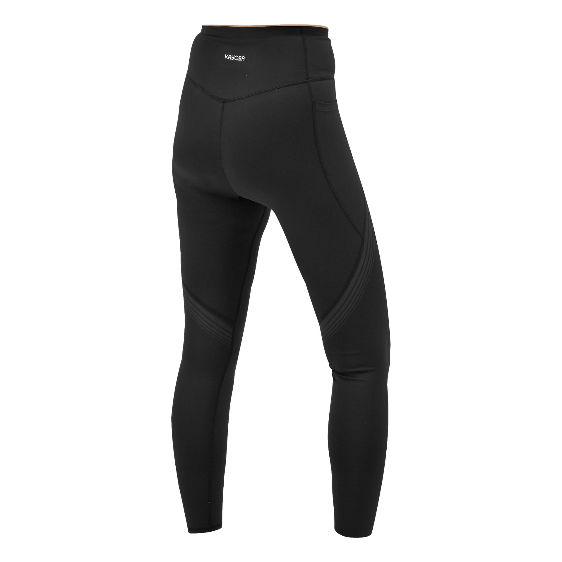 Svarta damers Boston-tights visas på en skyltdocka bakifrån, vilket framhäver sömdetaljerna och Kayoba-logotypen på det höga midjebandet. Leggingsen har ett slankt, figurnära utseende.