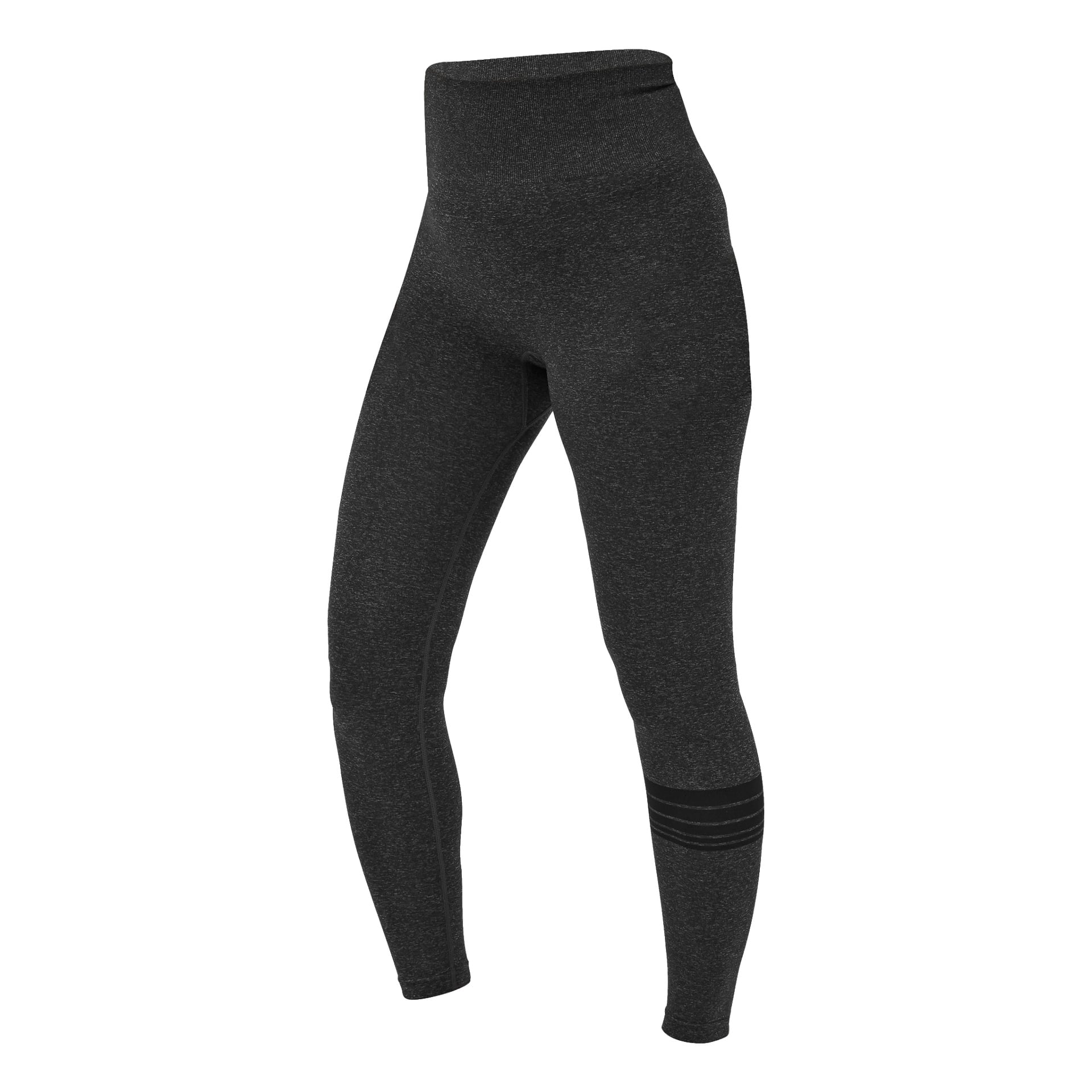 Seamless träningstights San Diego från Kayoba är högmidjade, mörkgrå leggings med ribbad midja och tre svarta horisontella ränder nära den nedre delen av vänster ben. Dessa leggings har en figursydd design.