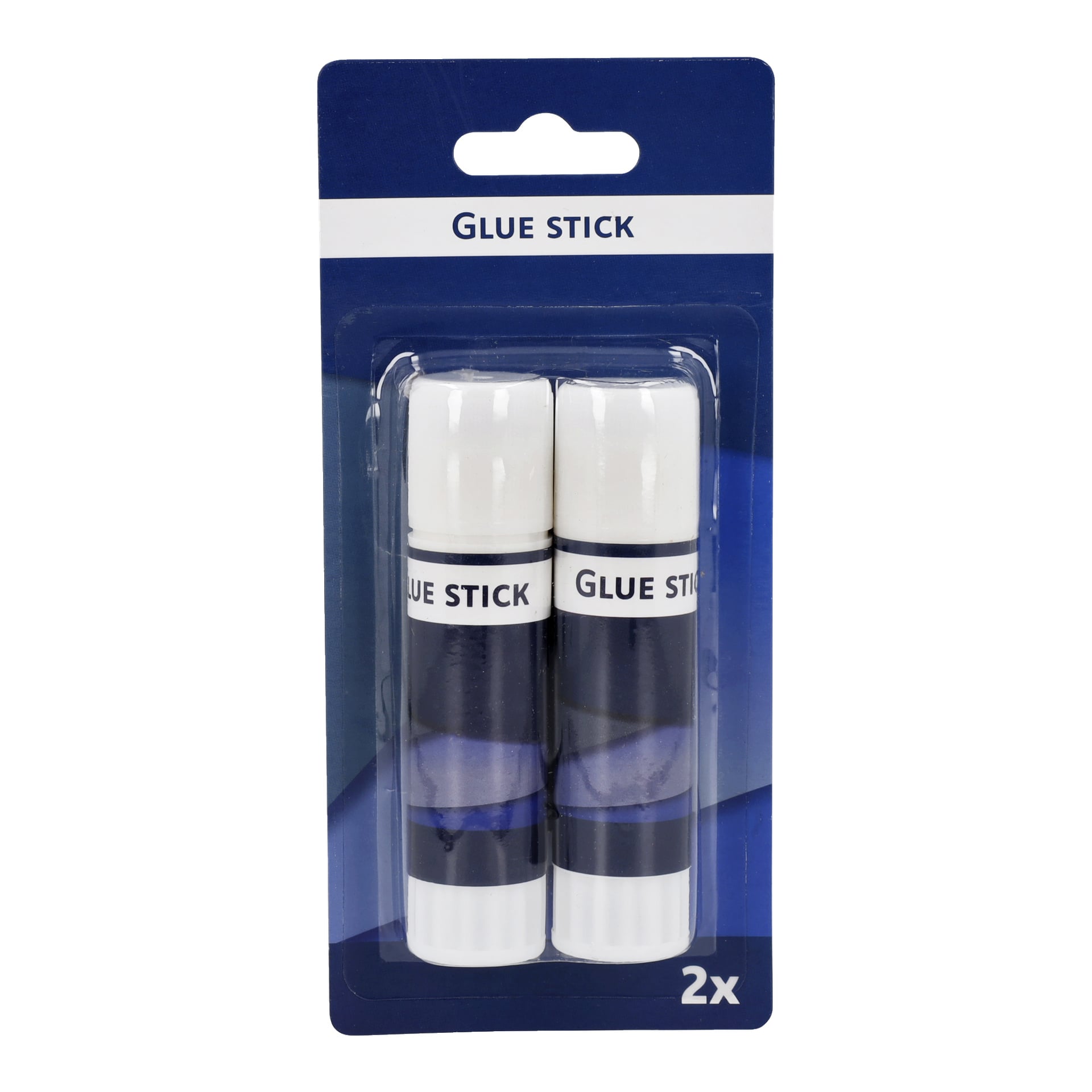 Ett paket från No brand EMW innehåller två vita och blå limstift med vita korkorkar, var och en märkt "GLUE STICK." Limstiften visas i ett genomskinligt plastblisterpaket på en blå kartongbaksida, med "2x" angivet längst ner på förpackningen.