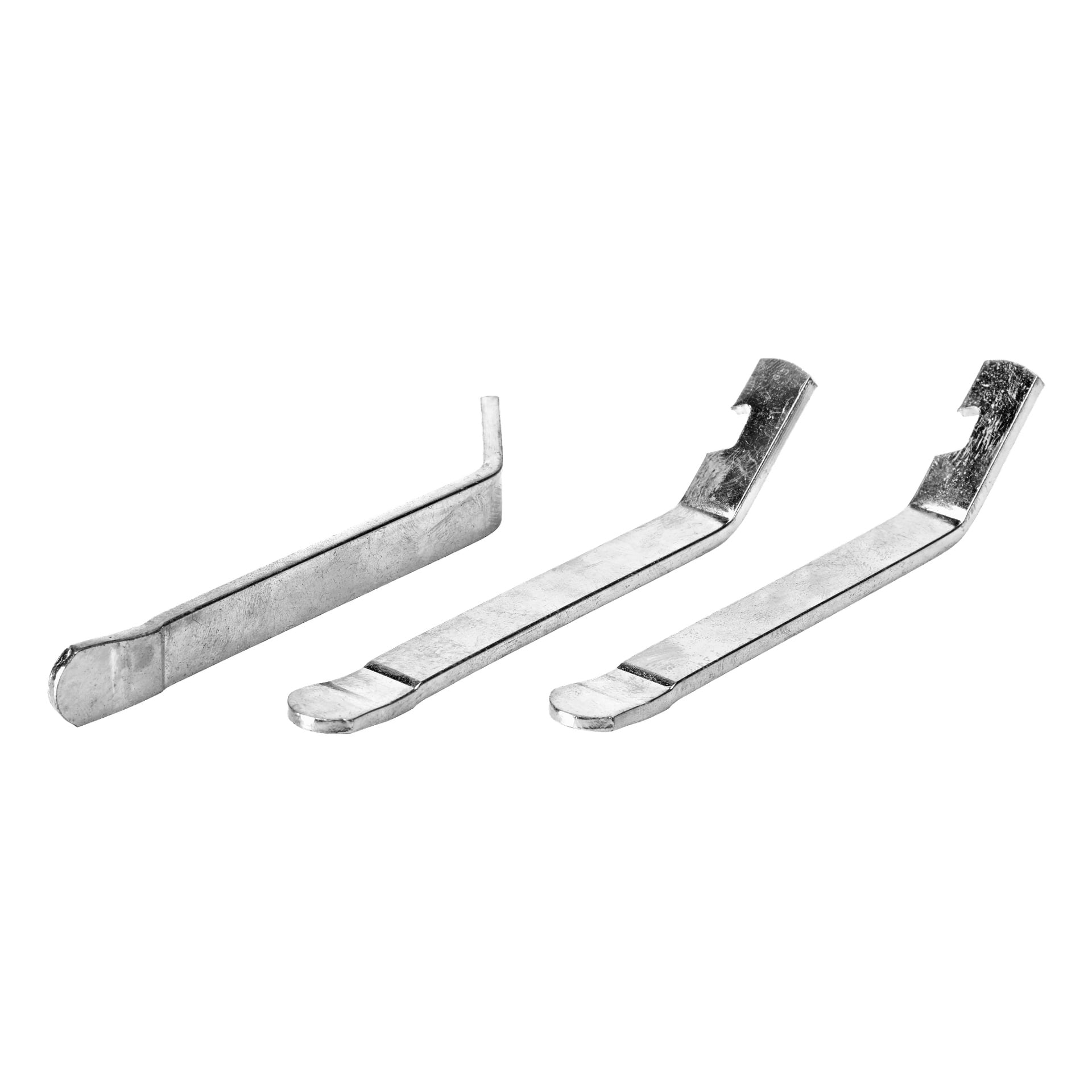 Tre lätt böjda silverfärgade metallspakar med krokade spetsar för bändning och platta ändar för hävstång, visade som ett Kayoba Tyre Iron 3 Pack designat för att ta bort cykeldäck från fälgar.
