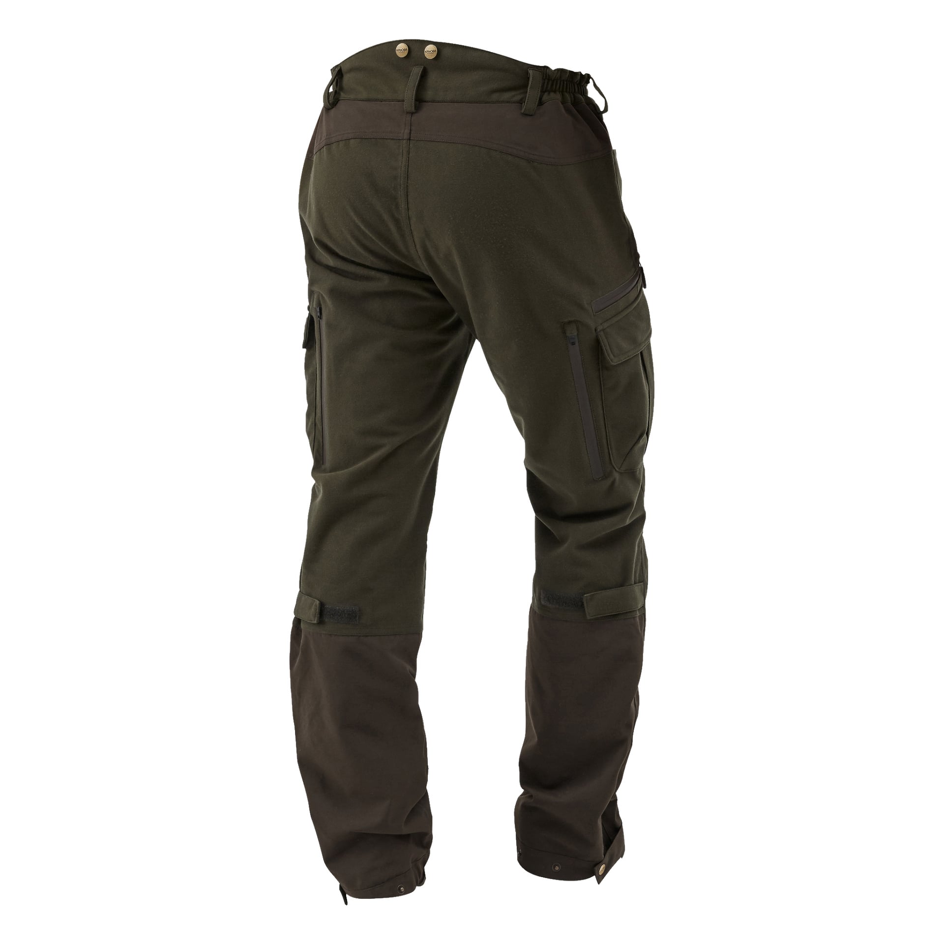 Herrarnas Cannock Superior jaktbyxor från Kayoba Outdoor, framställda bakifrån, i mörkgröna och bruna färger. Designen inkluderar förstärkta knän, dragkedjor i sidorna, justerbara benmanschetter och bältesöglor runt midjan.