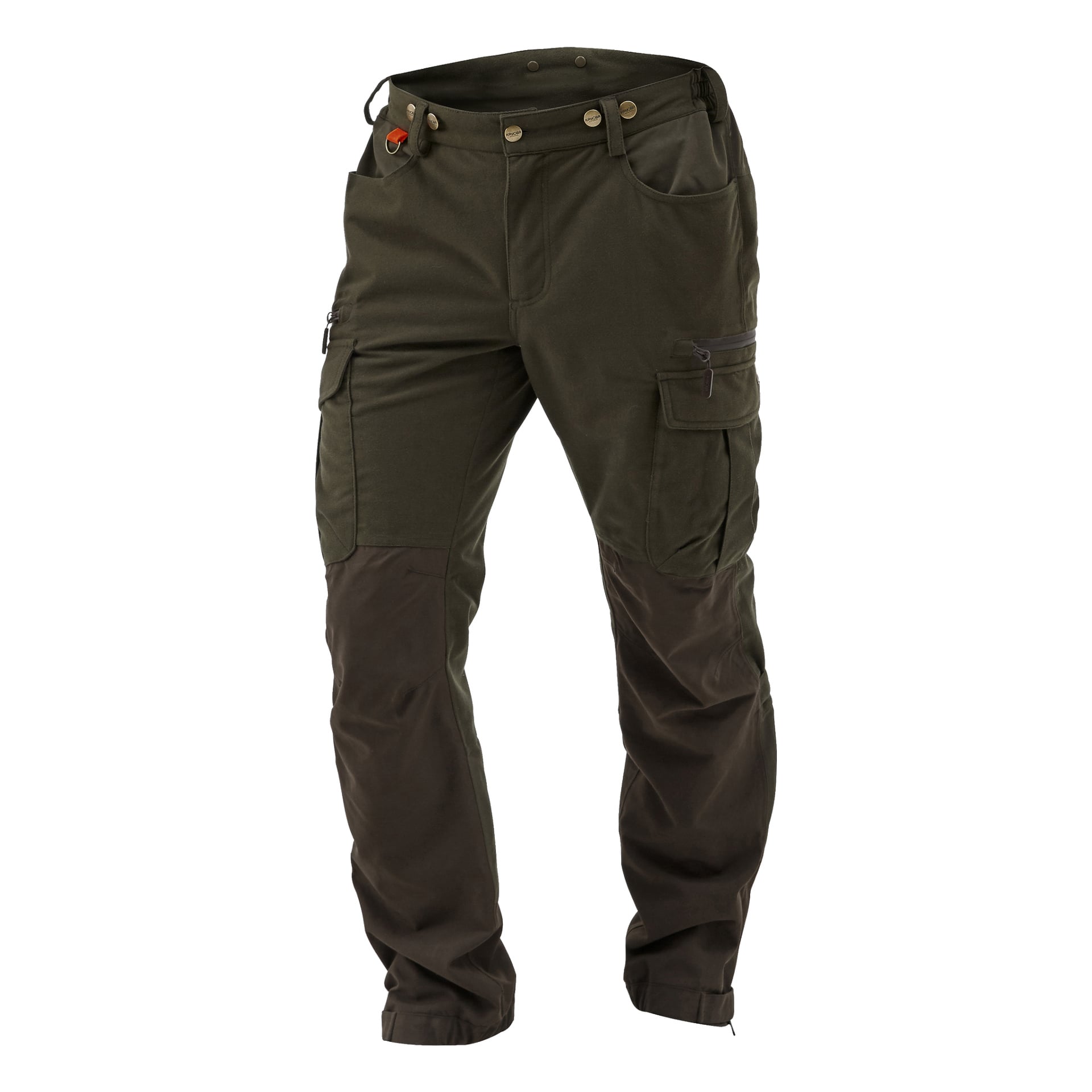 Kayoba Outdoor herr Cannock Superior jaktbyxor i olivgrönt och brunt, designade med förstärkta knän, flera fickor, dragkedjor och metallknappar. Byxorna visas stående upprätt.