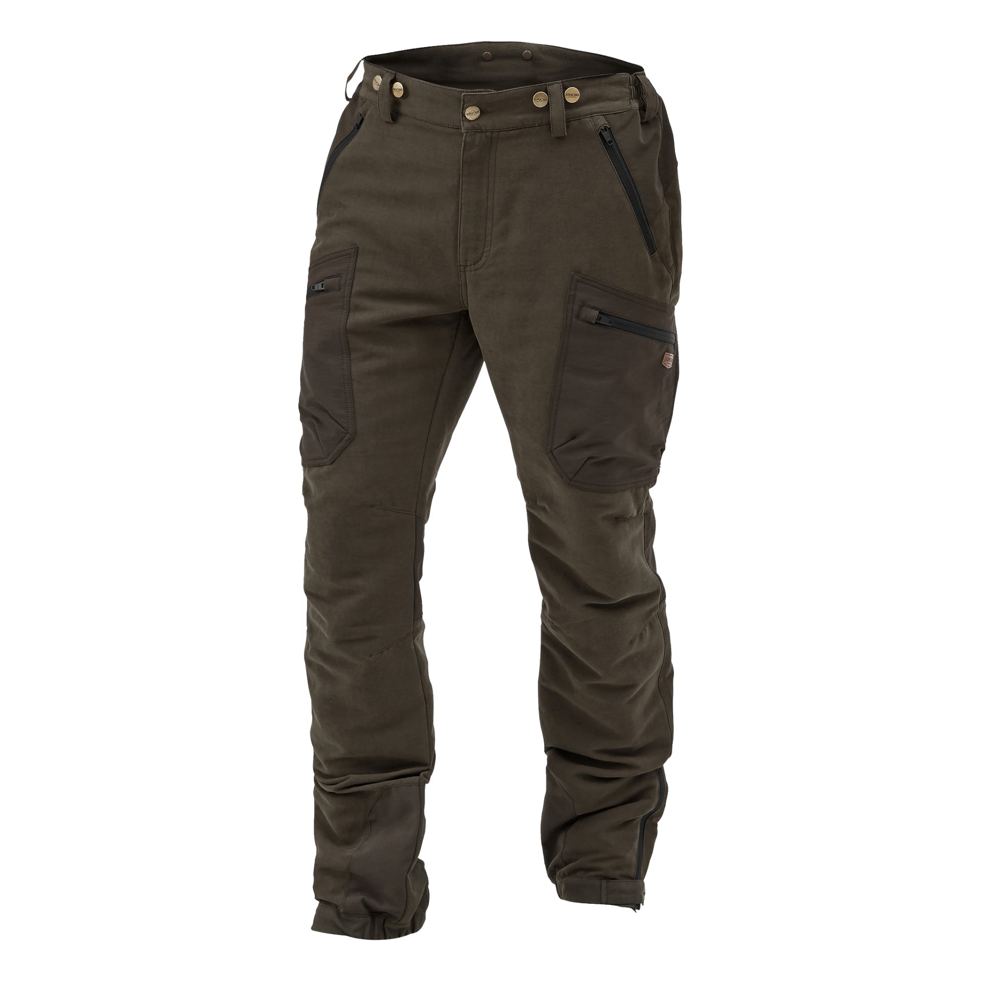 Ett par bruna Kayoba Outdoor Men's jaktbyxor från Grimsö, designade med förstärkta knän, dragkedjesförsedda framfickor, bältesöglor och knappstängningar.