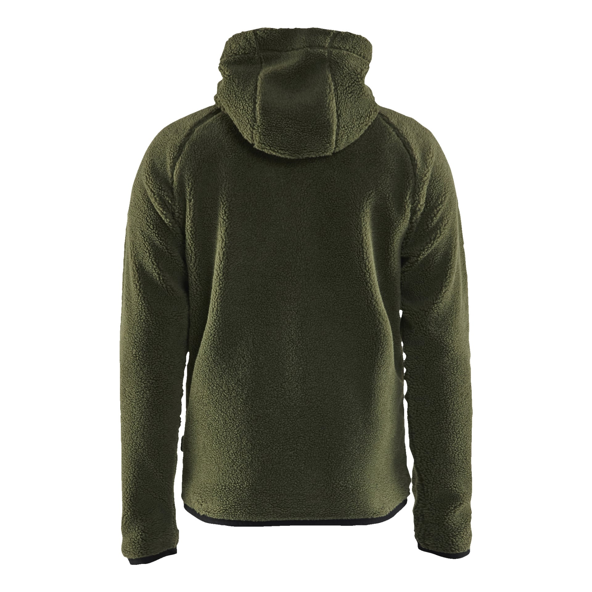 En bakifrån vy av Blaklader Pile Jacket visar dess olivgröna färg, långärmat, huva och mjuka, texturerade fleecematerial.