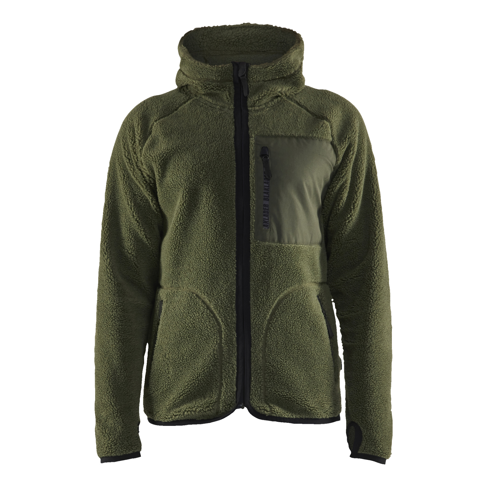 Blaklader Pile Jacket är en grön fleece-zip-up med huva, svarta detaljer, två framfickor längst ner och en bröstficka med dragkedja och en extra tygpanel. Dess mjuka och mysiga textur gör den perfekt för att hålla sig varm under utomhusaktiviteter eller när man slappnar av i avslappnade miljöer.