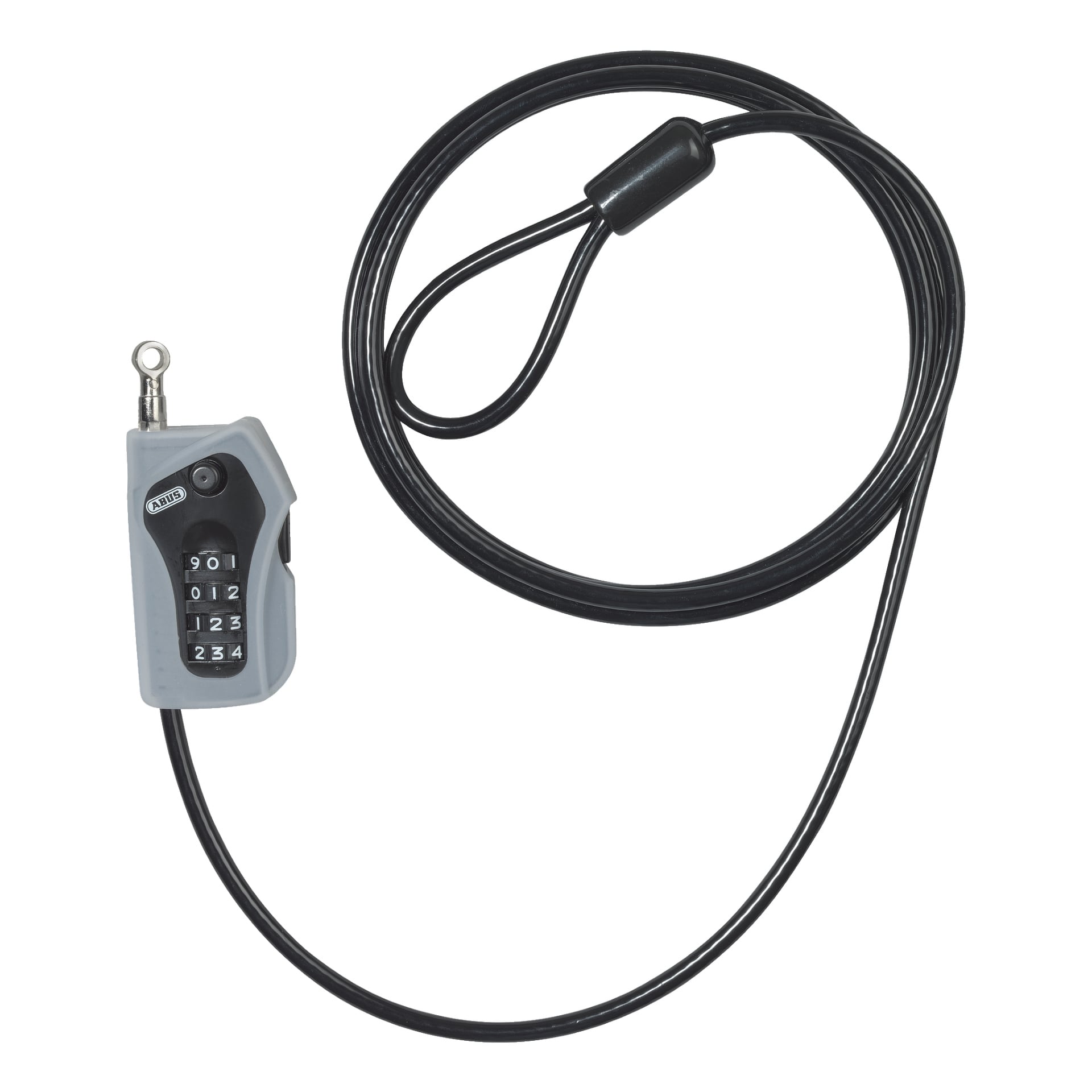 ABUS Wire Lock Combiloop är ett svart kabellås med en grå kombinationsratt, som visar siffror från 0 till 9. Kabeln går runt och kopplas ihop med ett låssystem som är utformat för att säkra olika föremål.