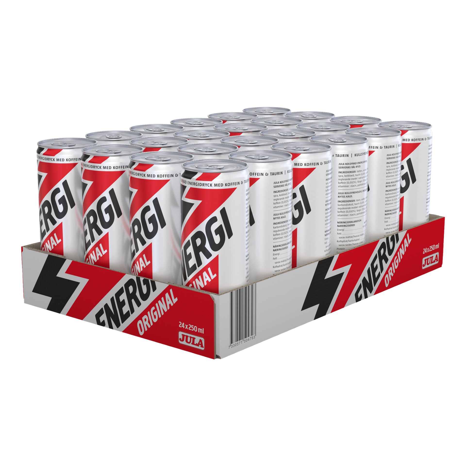 En kartongbricka visar 24 burkar Jula Energy drink Original, var och en med en kapacitet på 250 ml. Hörnarna har ett övervägande vitt utseende, accentuerade av djärva röda och svarta diagonala ränder, iögonfallande text och en framträdande blixtformad design.