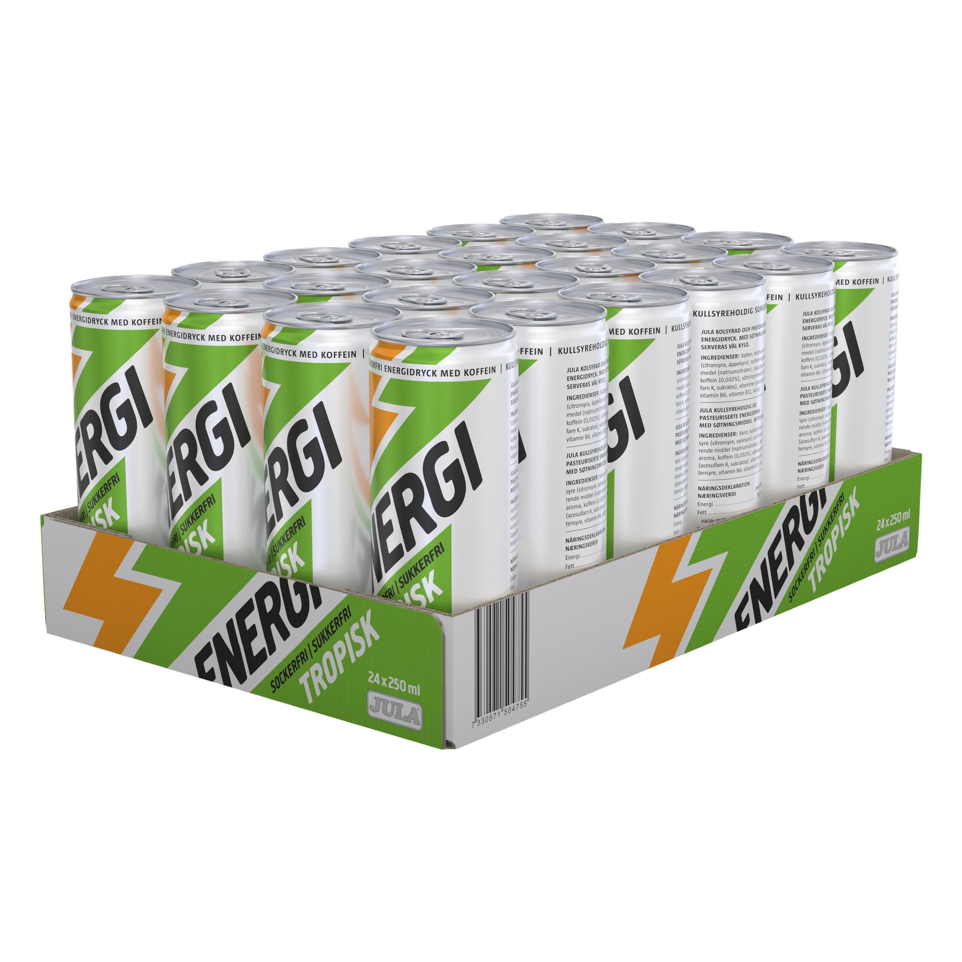 En kartongbricka innehåller 24 burkar Jula Energy Drink Sugarfree, var och en med grön, orange och vit design. Burkarna visar ordet "TROPISK" och produktdetaljer. Varje burk har en volym på 250 ml.
