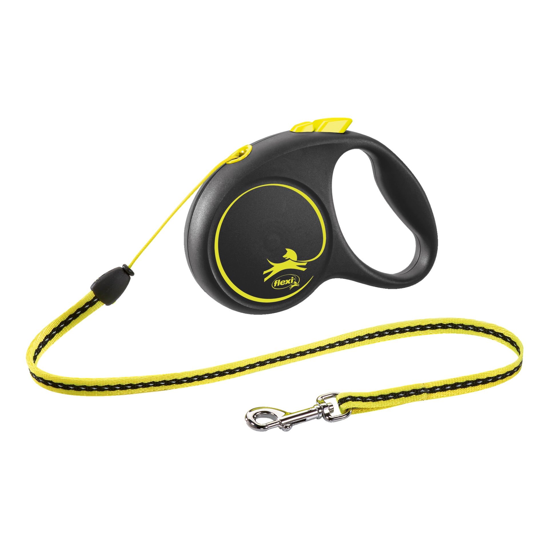 Flexi Fun Neon är ett infällbart hundkoppel i svart och gult, designat med ett stadigt plasthandtag, en ljusgul knapp, ett starkt snöre och en metallklämma i änden för att fästa i hundens halsband.