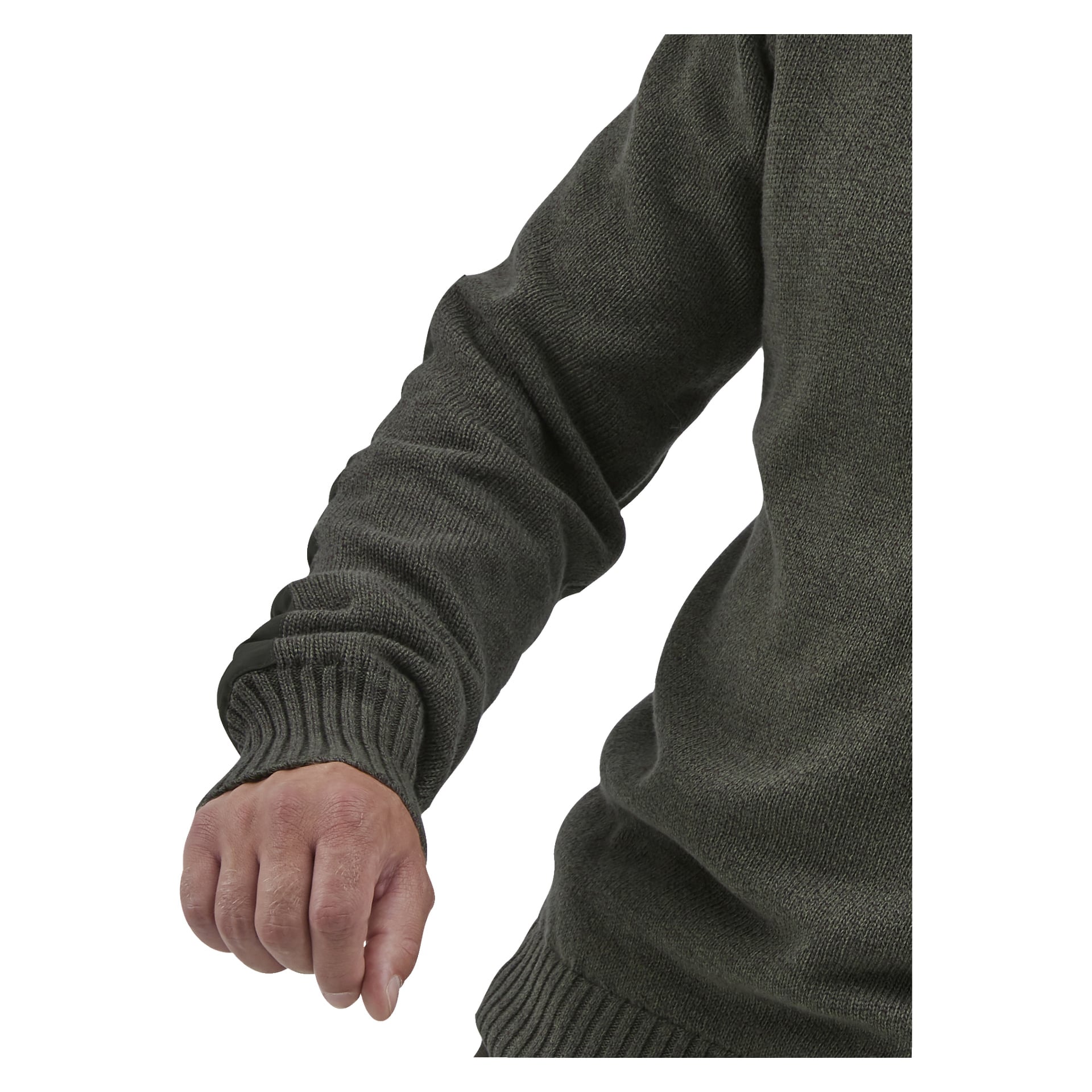 En person, synlig från axel till midja, bär Kayoba Outdoor Knitted herrjakttröja Cannock – en mörkgrå stickad tröja med resårmanschetter och fåll. Deras arm är böjd vid armbågen och handen är delvis sluten.